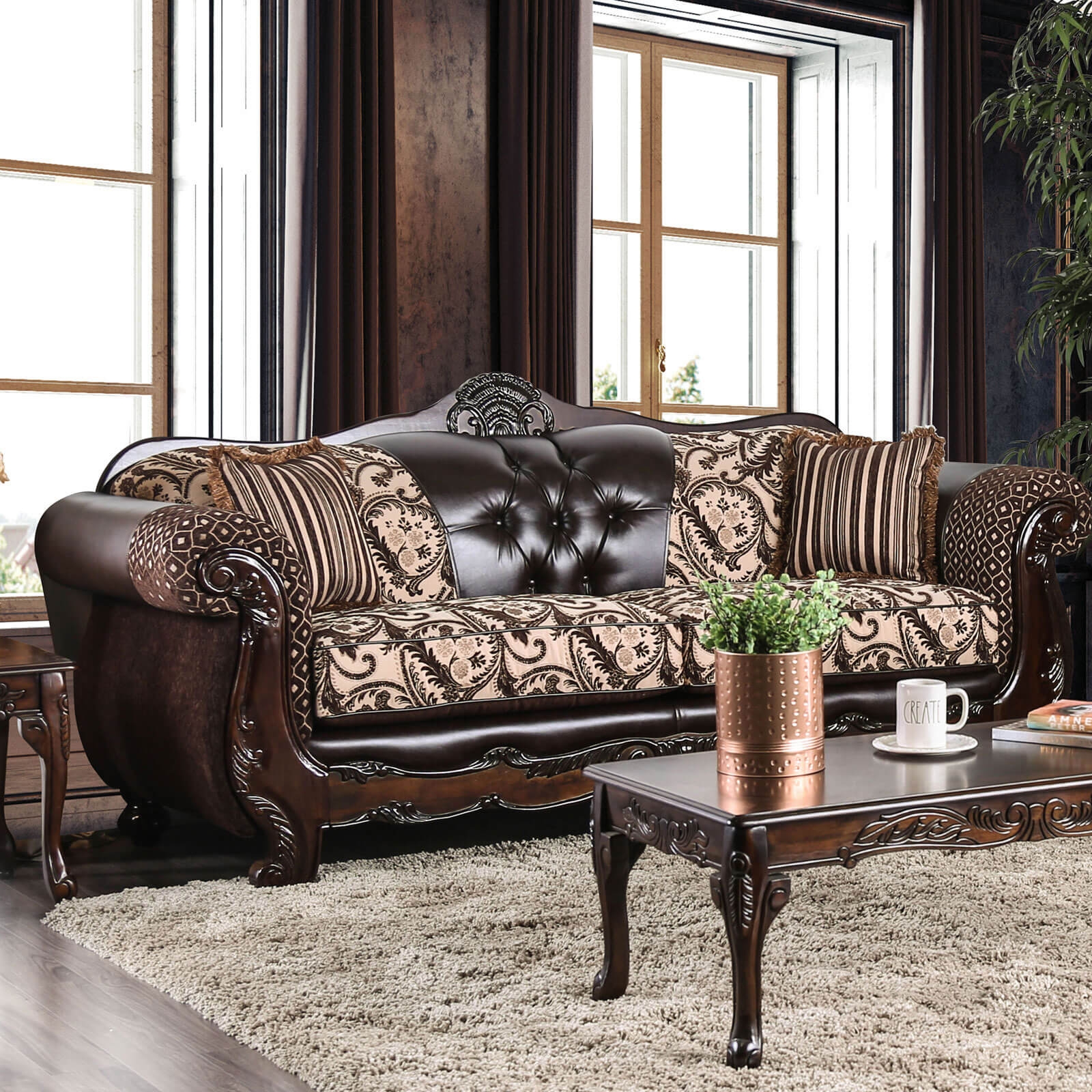 Quirino Fabric/Leatherette/Wood Sofa
