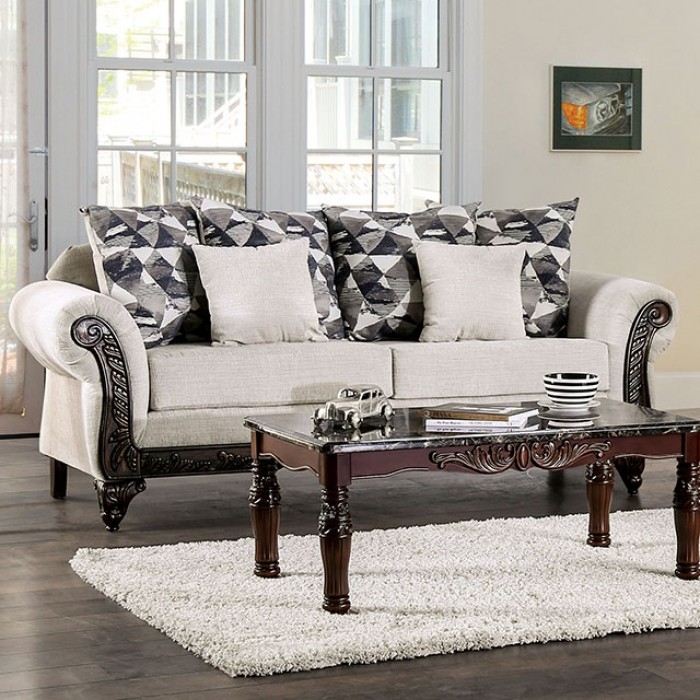 Cassani Chenille Fabric/Wood Living Room Set
