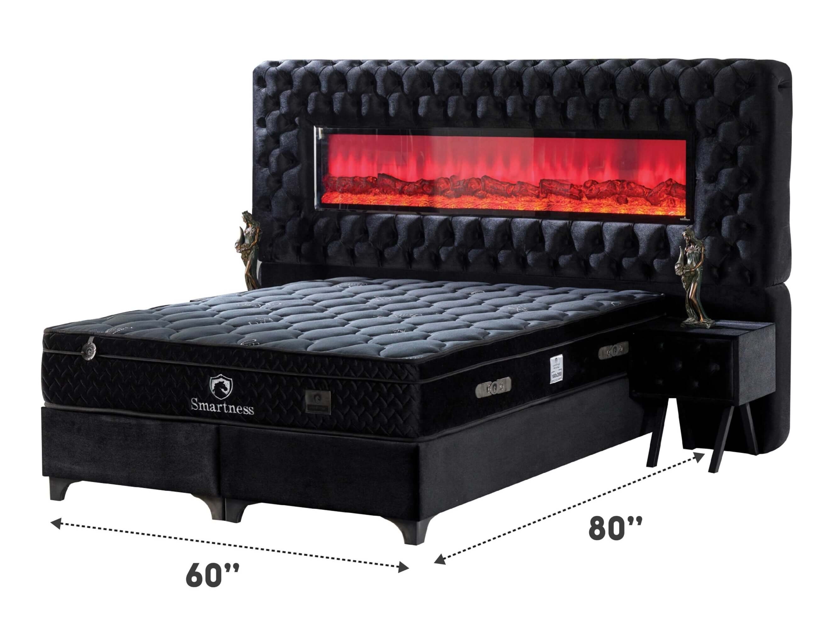 Smartness Tufted Fabric Queen Size Bed w/ Decorative Fireplace & 2 Nightstands