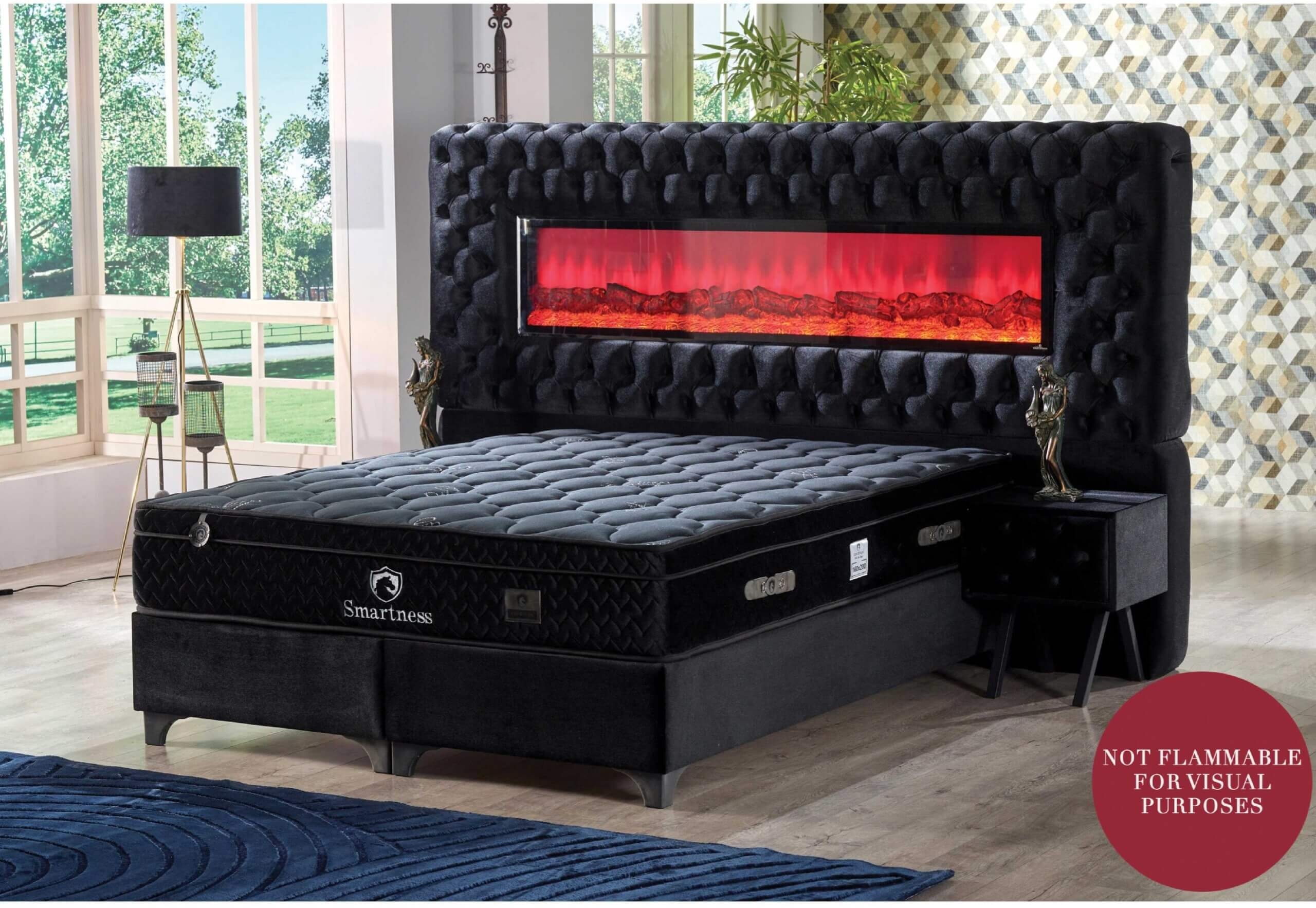 Smartness Tufted Fabric King Size Bed w/ Decorative Fireplace & 2 Nightstands