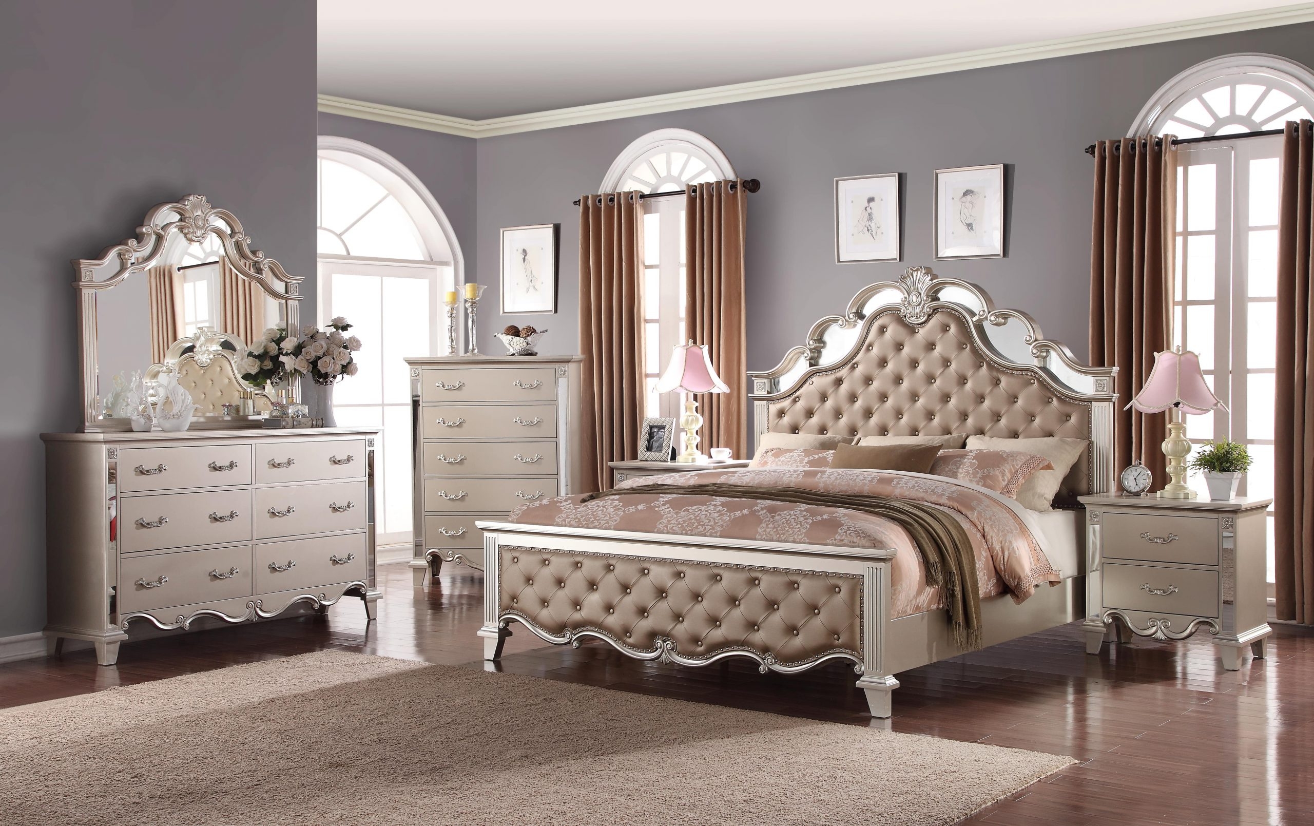 Sonia Bedroom Set with Faux Leather Upholstered Headboard & Storage Drawers