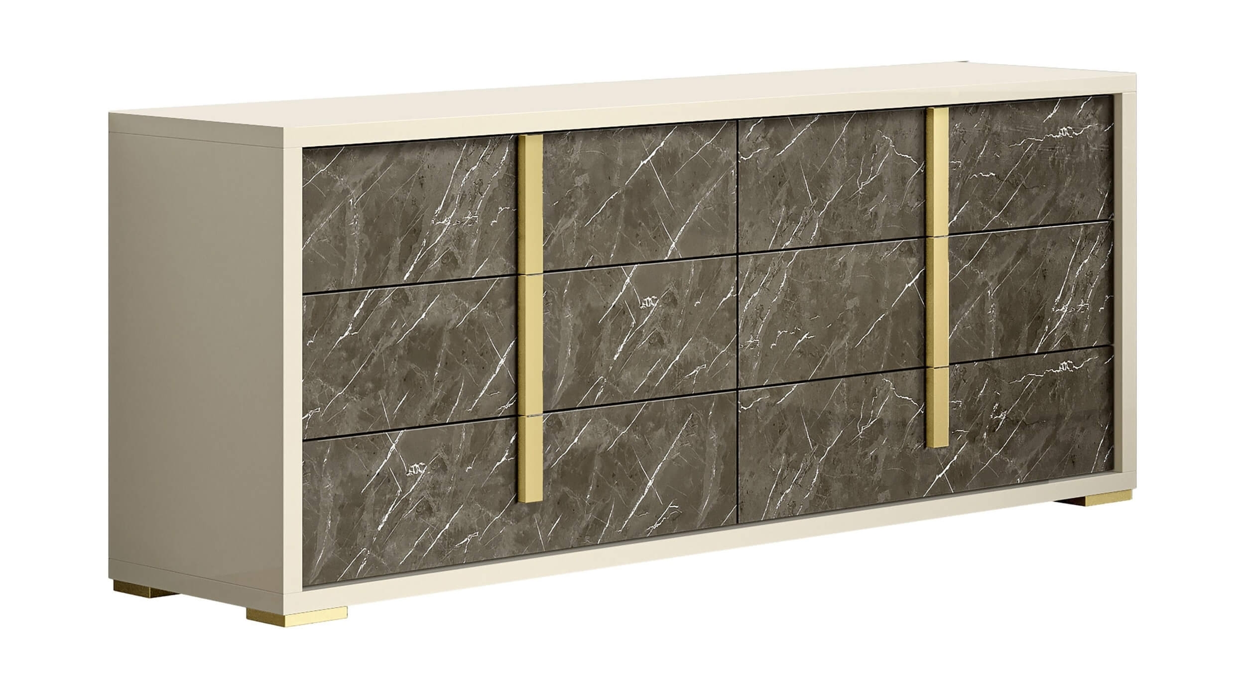 J&amp;M Sonia Veneer 6-Drawer Dresser, Pearl Gloss/Brown &amp; Cream Marble