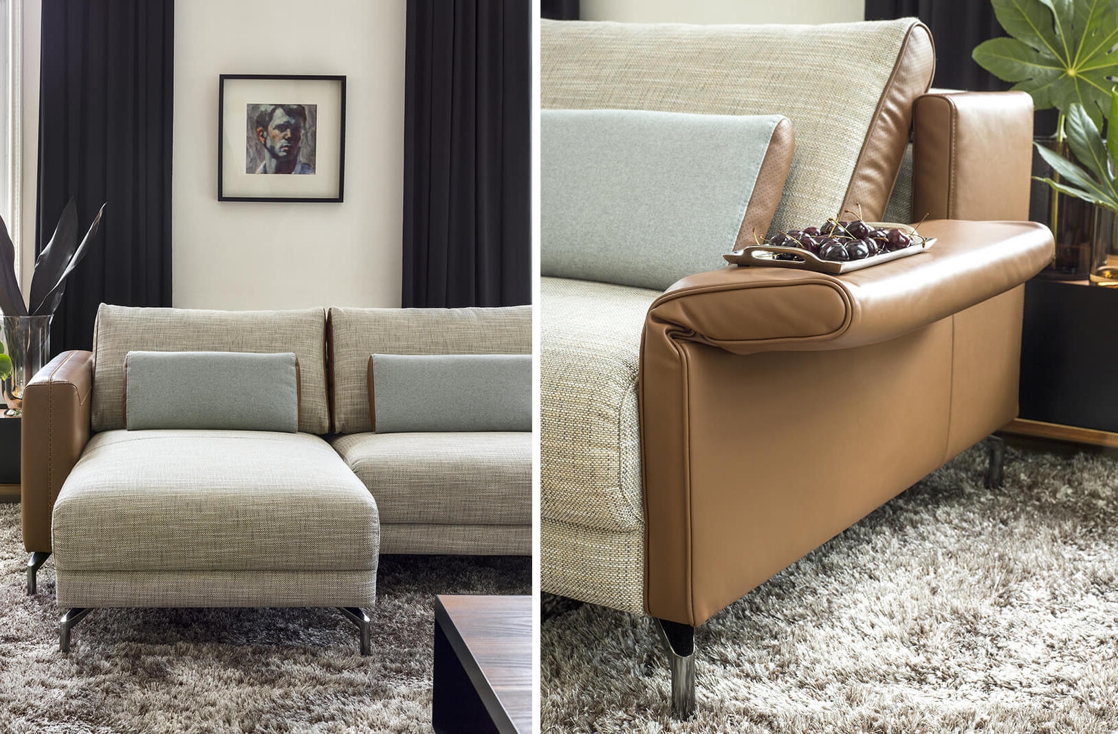 Stuttgart Fabric/Leather U-Shaped Sectional, Right Facing Chaise