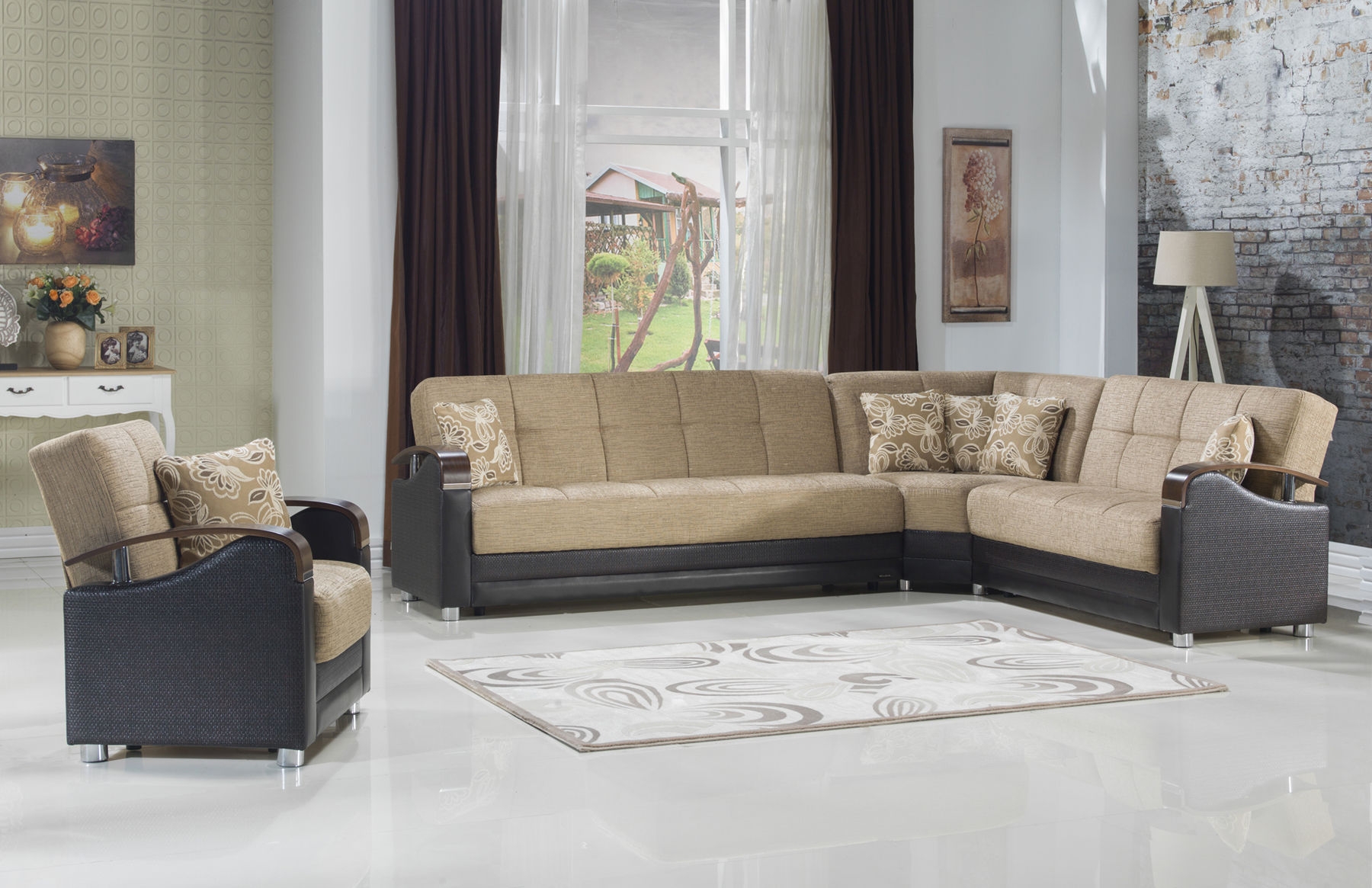 Luna Fabric/PU Storage Sleeper Modular Sectional Sofa, Configuration E