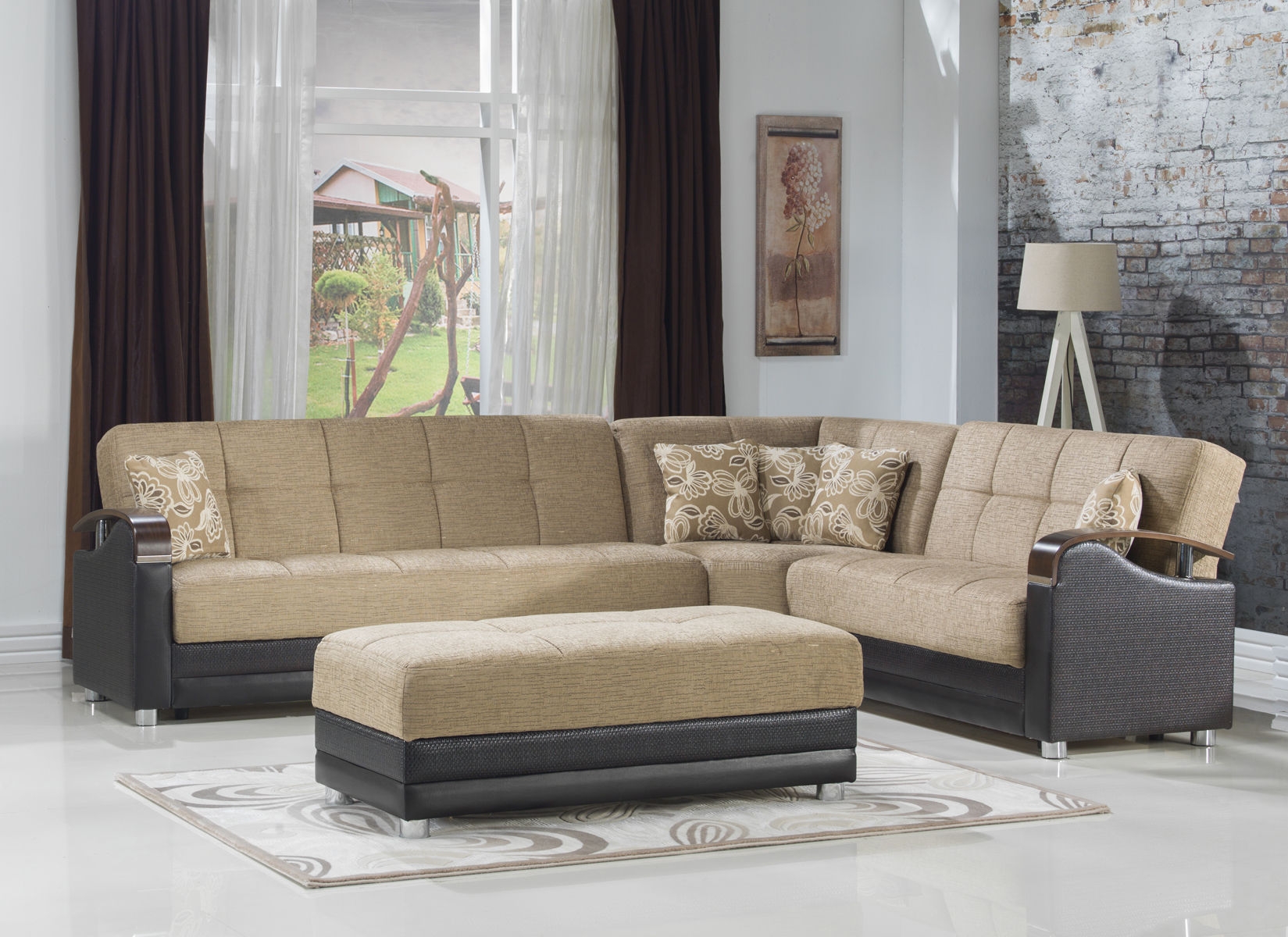 Luna Fabric/PU Storage Sleeper Modular Sectional Sofa, Configuration E