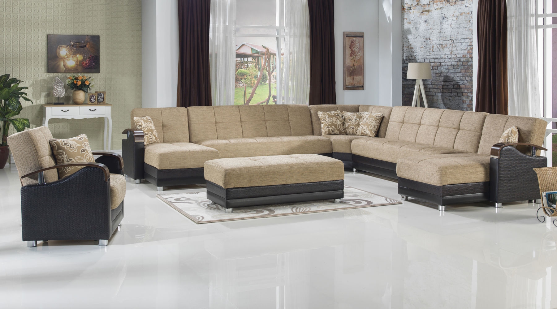 Luna Fabric/PU Storage Sleeper Modular Sectional Sofa, Configuration A