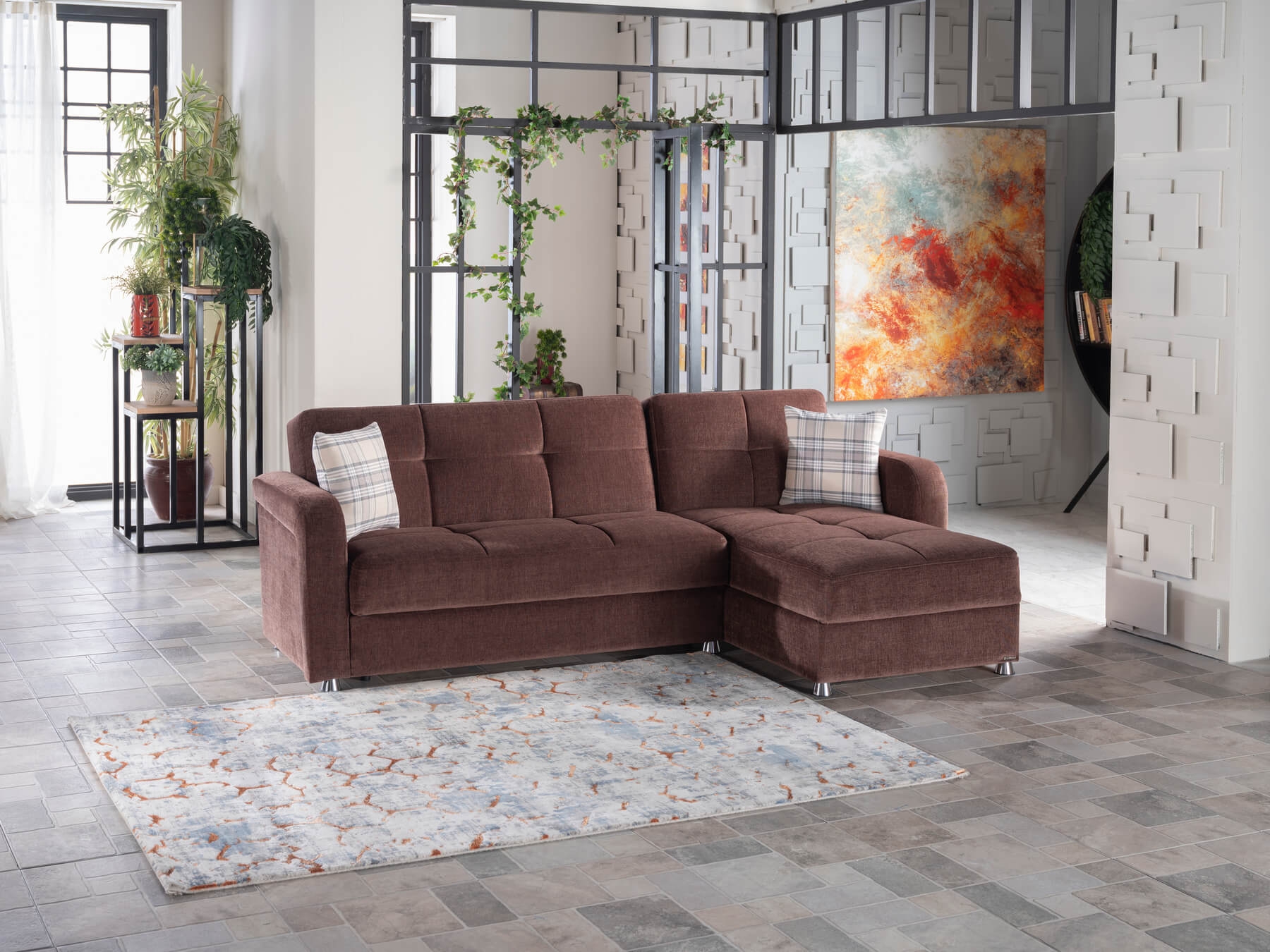 Vision Reversible Sleeper Chenille Fabric L-Shaped Sectional Sofa