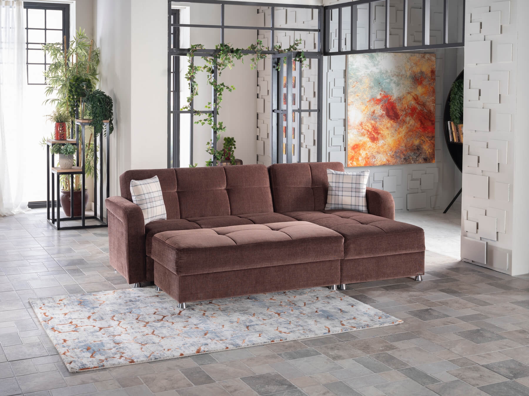 Vision Reversible Sleeper Chenille Fabric L-Shaped Sectional Sofa