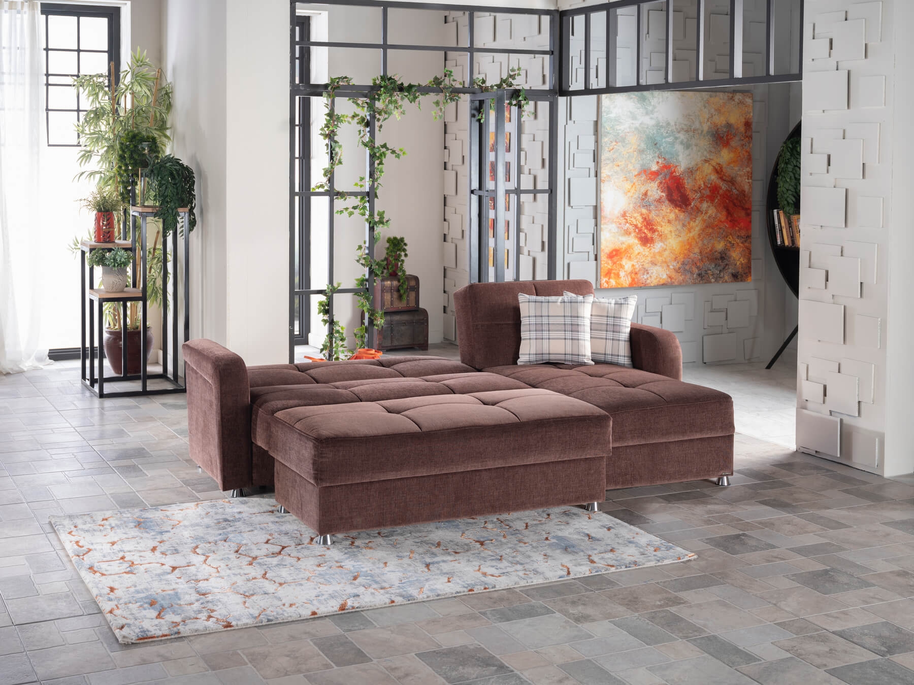 Vision Reversible Sleeper Chenille Fabric L-Shaped Sectional Sofa