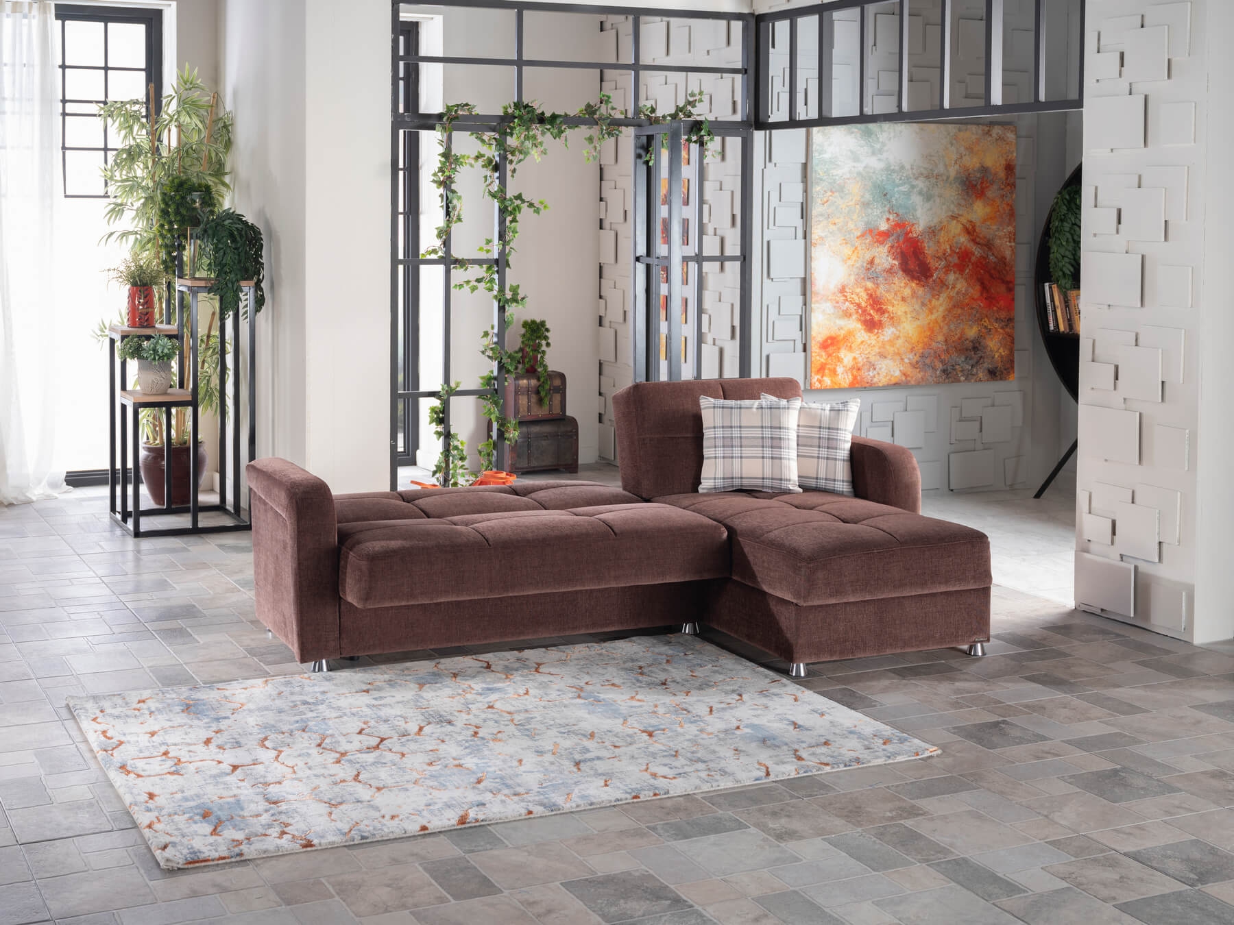 Vision Reversible Sleeper Chenille Fabric L-Shaped Sectional Sofa