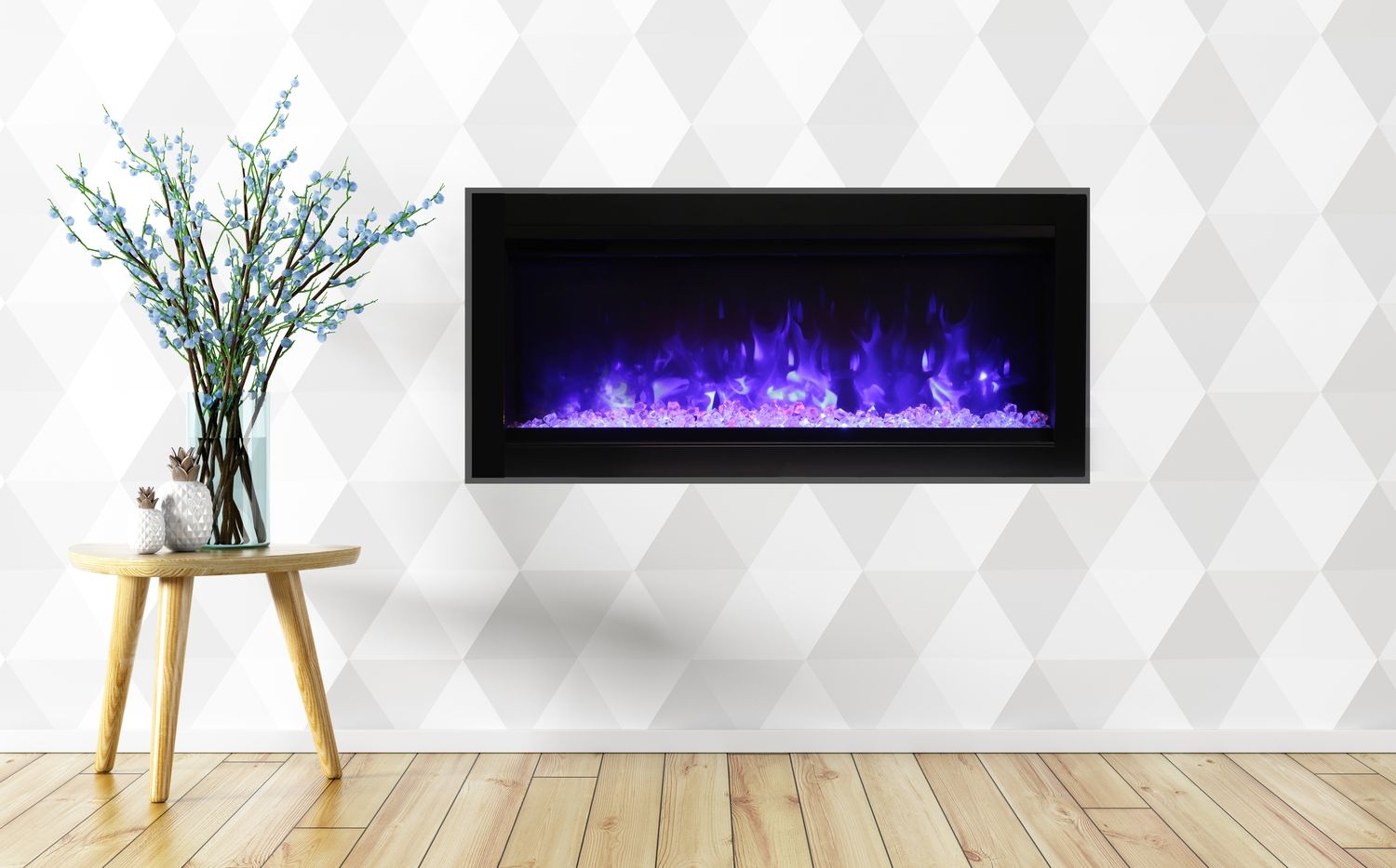 Wall mount B 34" Built-in Electric Fireplace with Glass & Black Steel Surround
