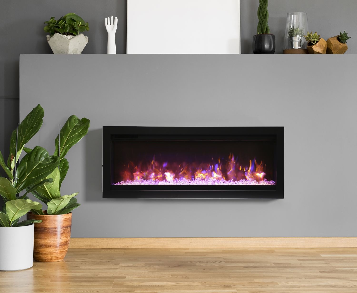 Wall mount B 42" Built-in Electric Fireplace with Glass & Black Steel Surround