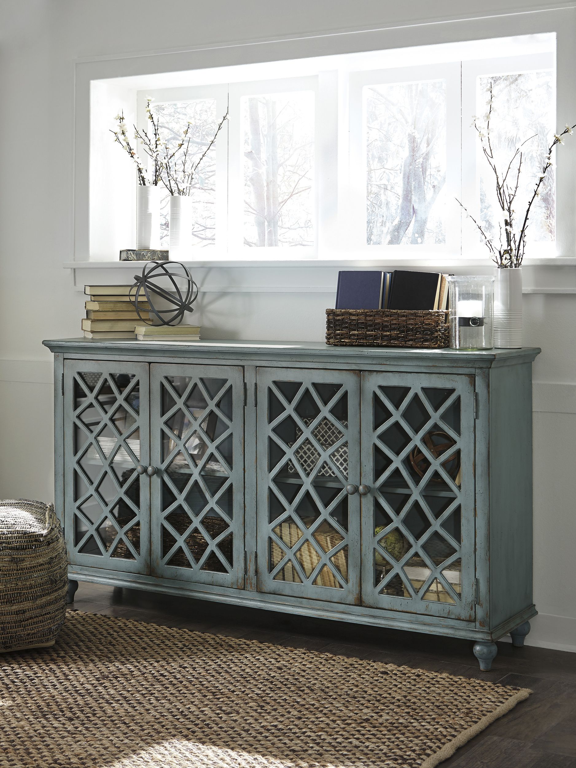 Mirimyn 4-Door Accent Cabinet | Antique Teal Vintage Storage