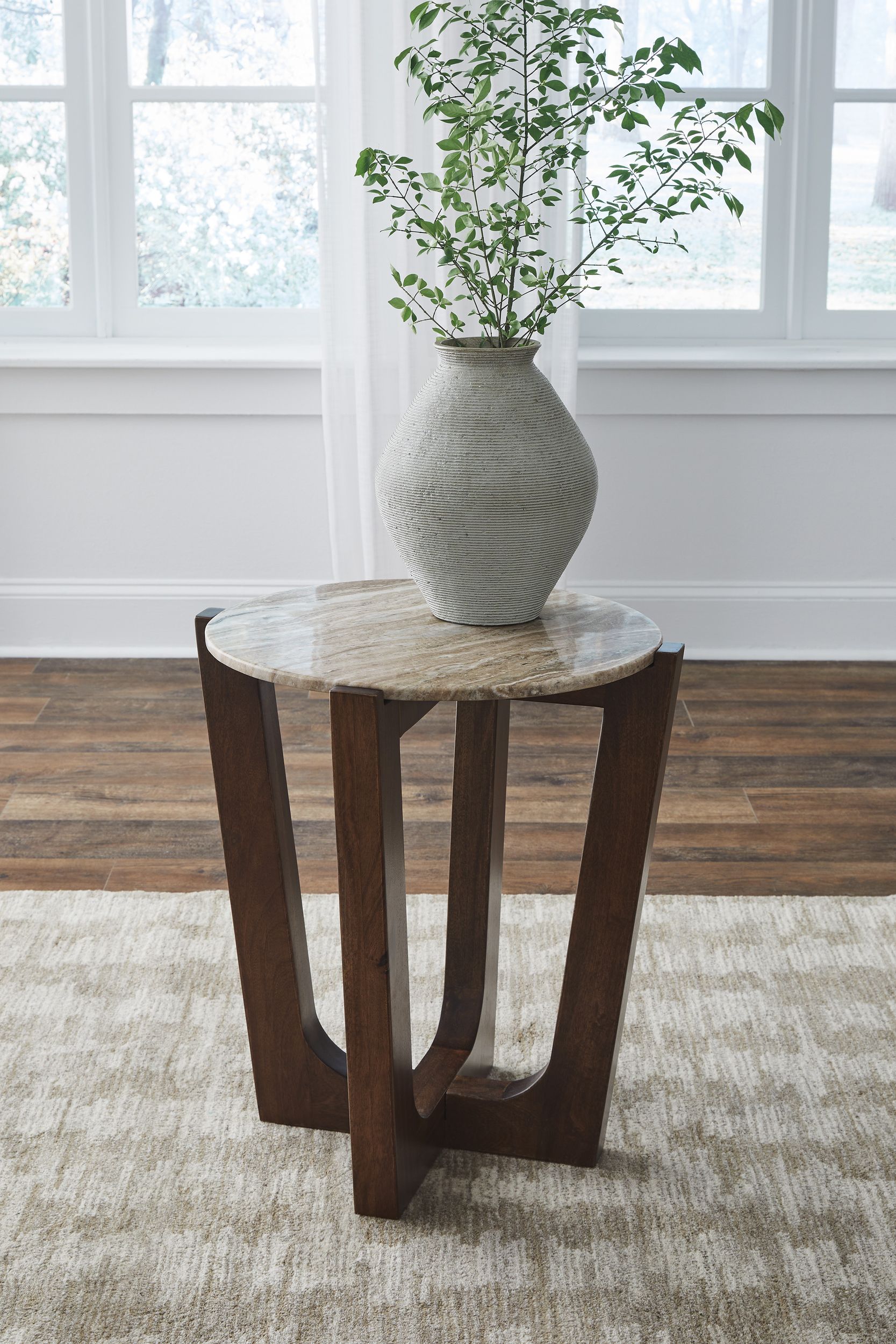 Tanidore Round End Table with Marble Top Warm Brown