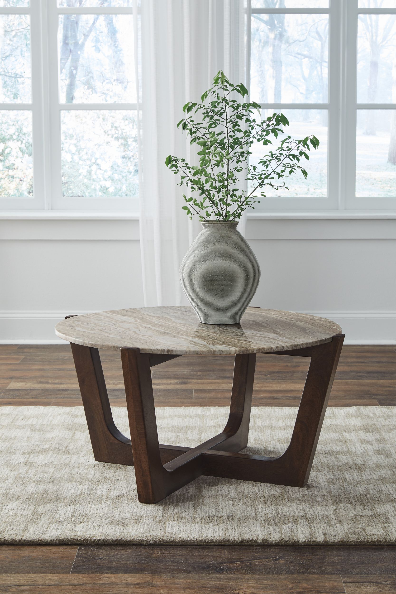 Tanidore Marble Wood Round Coffee Table Warm Brown