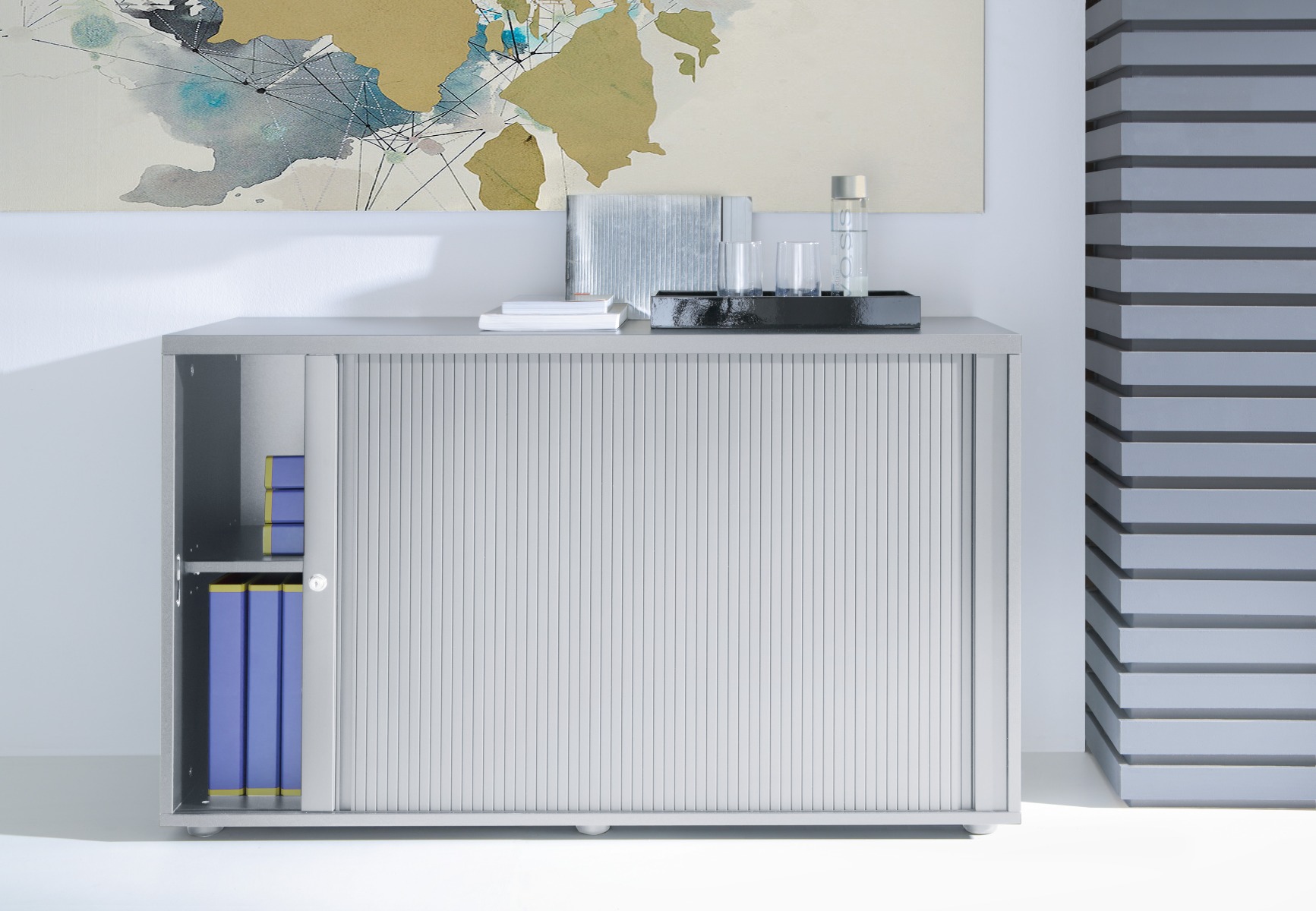 Standard Office W47.2" Tambour Cabinet w/2 Shelves & Lockable Door