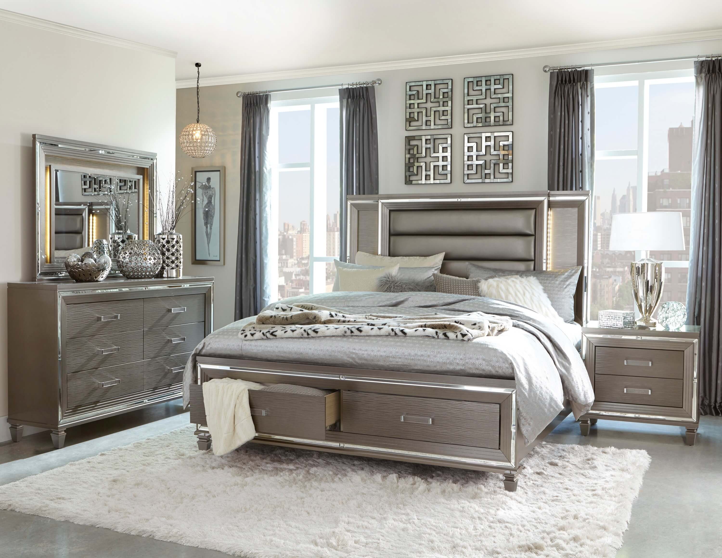 Headboard Bed with Mirrored Dresser 