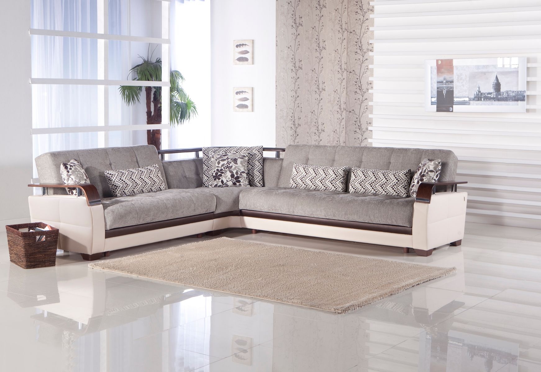 Natural Fabric/PU Storage Sleeper L-Shaped Sectional Sofa w/Wooden Armrests