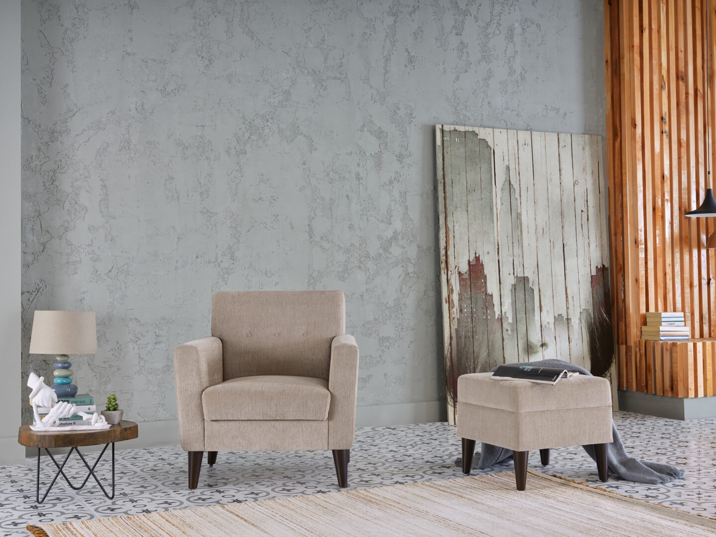 Theo Fabric Accent Armchair w/Storage Ottoman