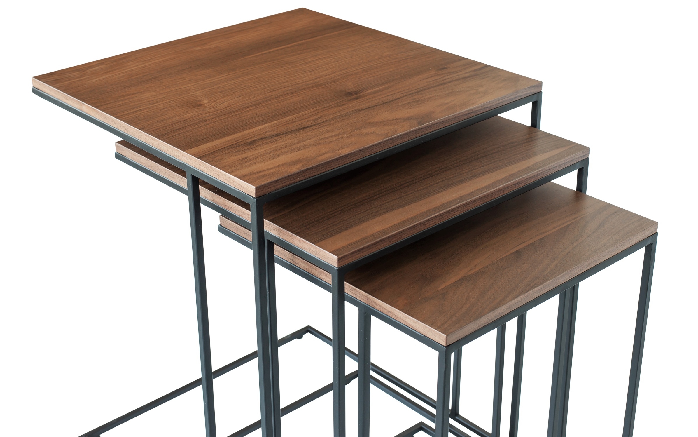 Three End Metal Base Wood Veneer Nesting Table