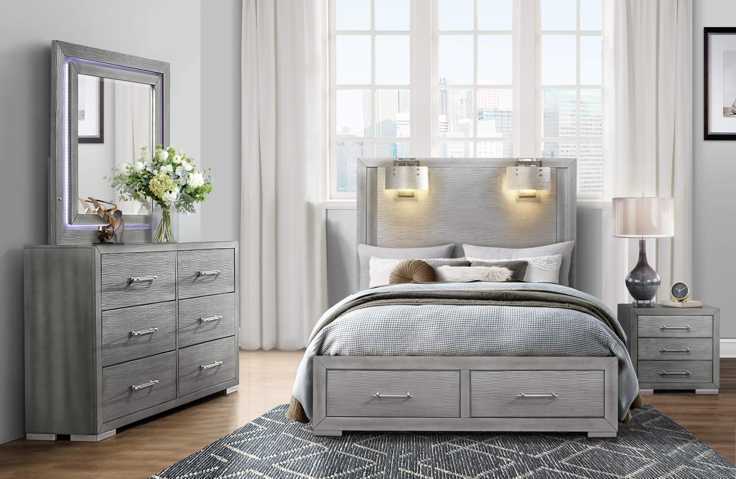 Tiffany MDF/Wood Panel Storage Bed w/2 Lamps
