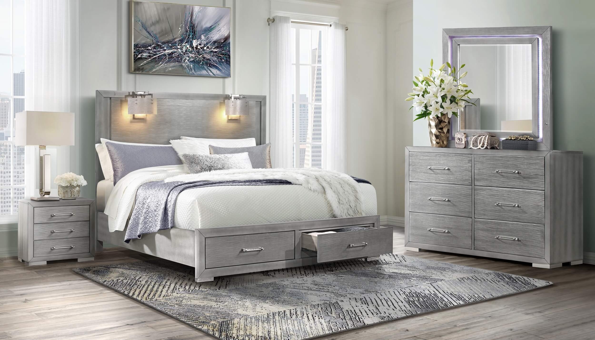 Tiffany MDF/Wood Panel Storage Bed w/2 Lamps, King Size