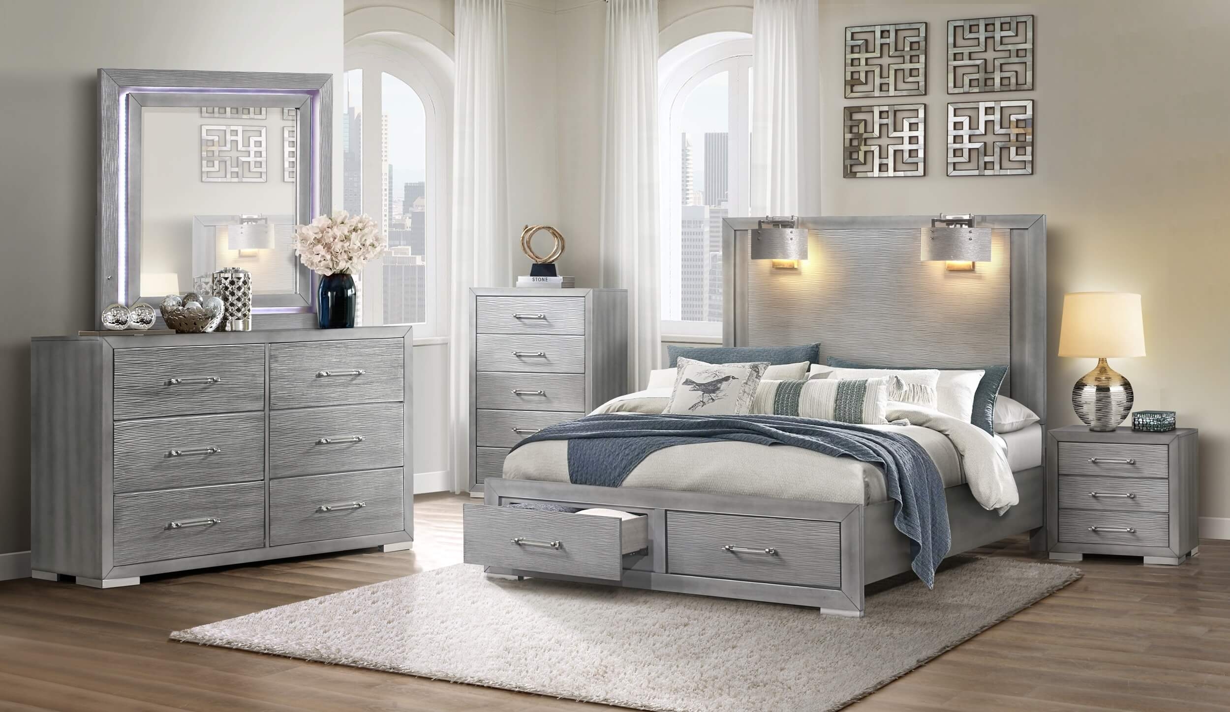 Tiffany MDF/Wood Panel Storage Bed w/2 Lamps, Full Size