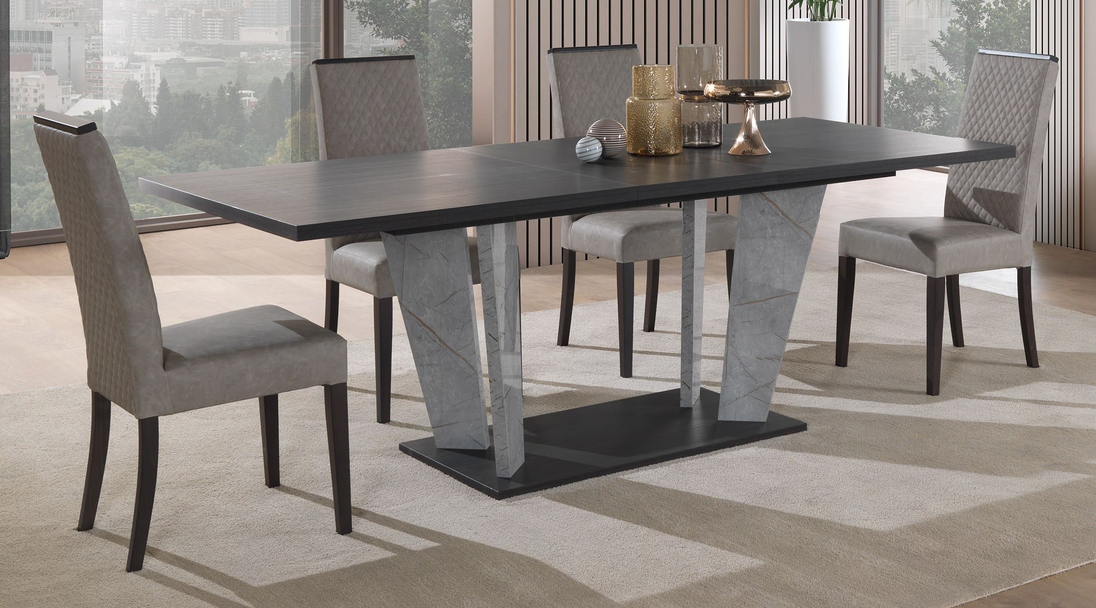 Travertine Wood Veneer/Leatherette Extendable Dining Set
