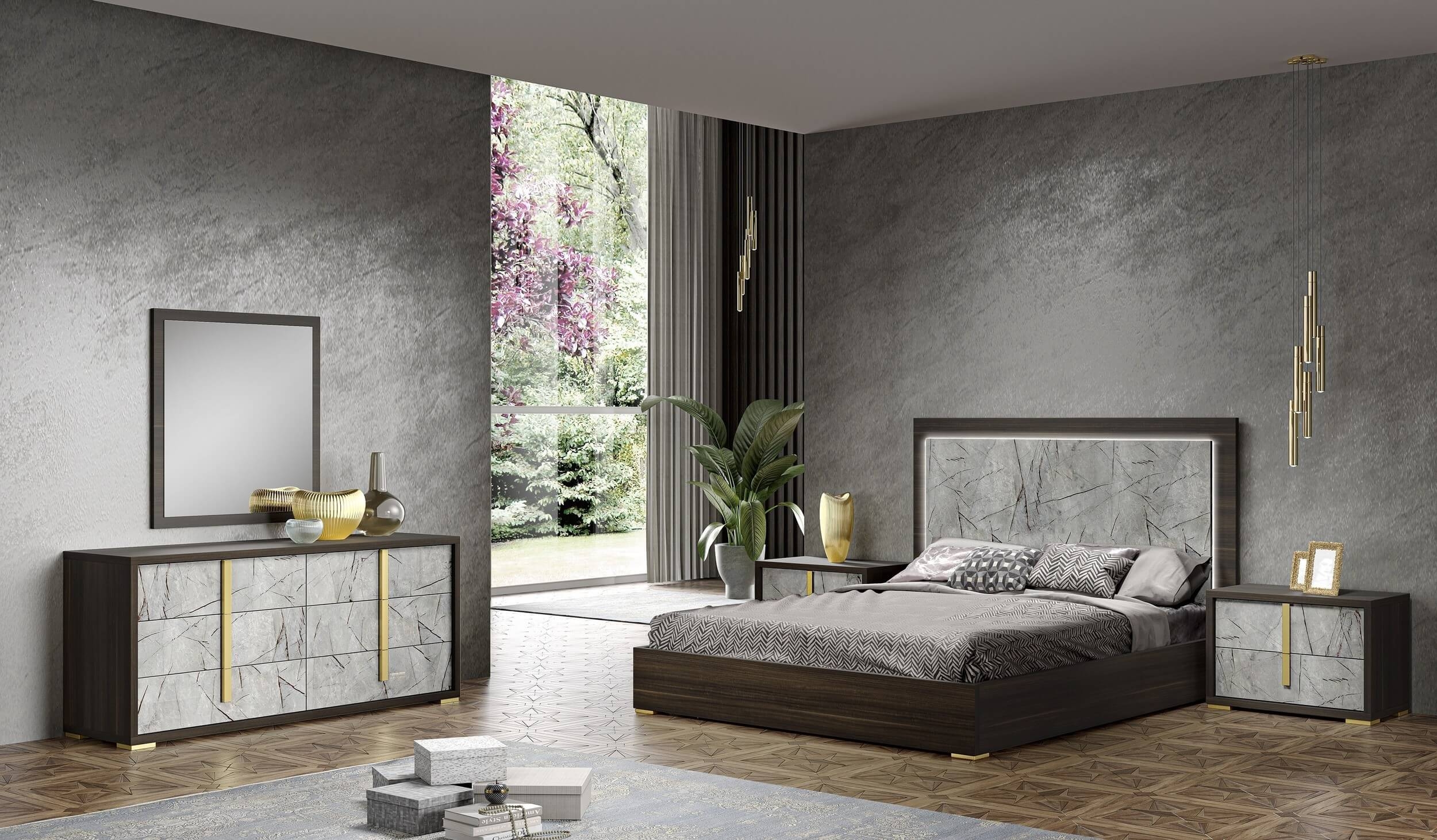 Travertine Premium Wood Veneer King Size Bed with LED Light