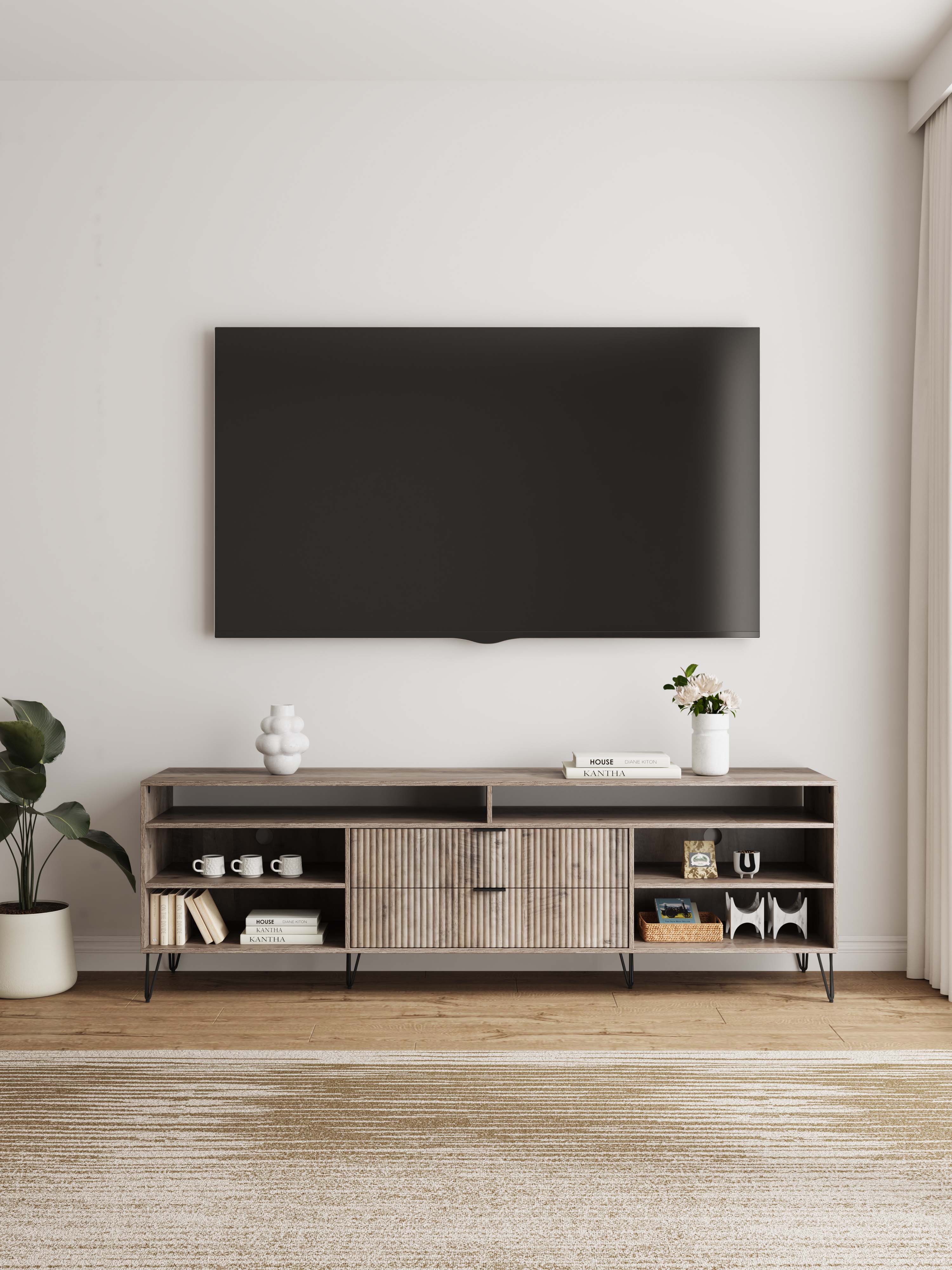 DUMBO 85-inch TV Stand w/6 Shelves & 2 Drawers 
