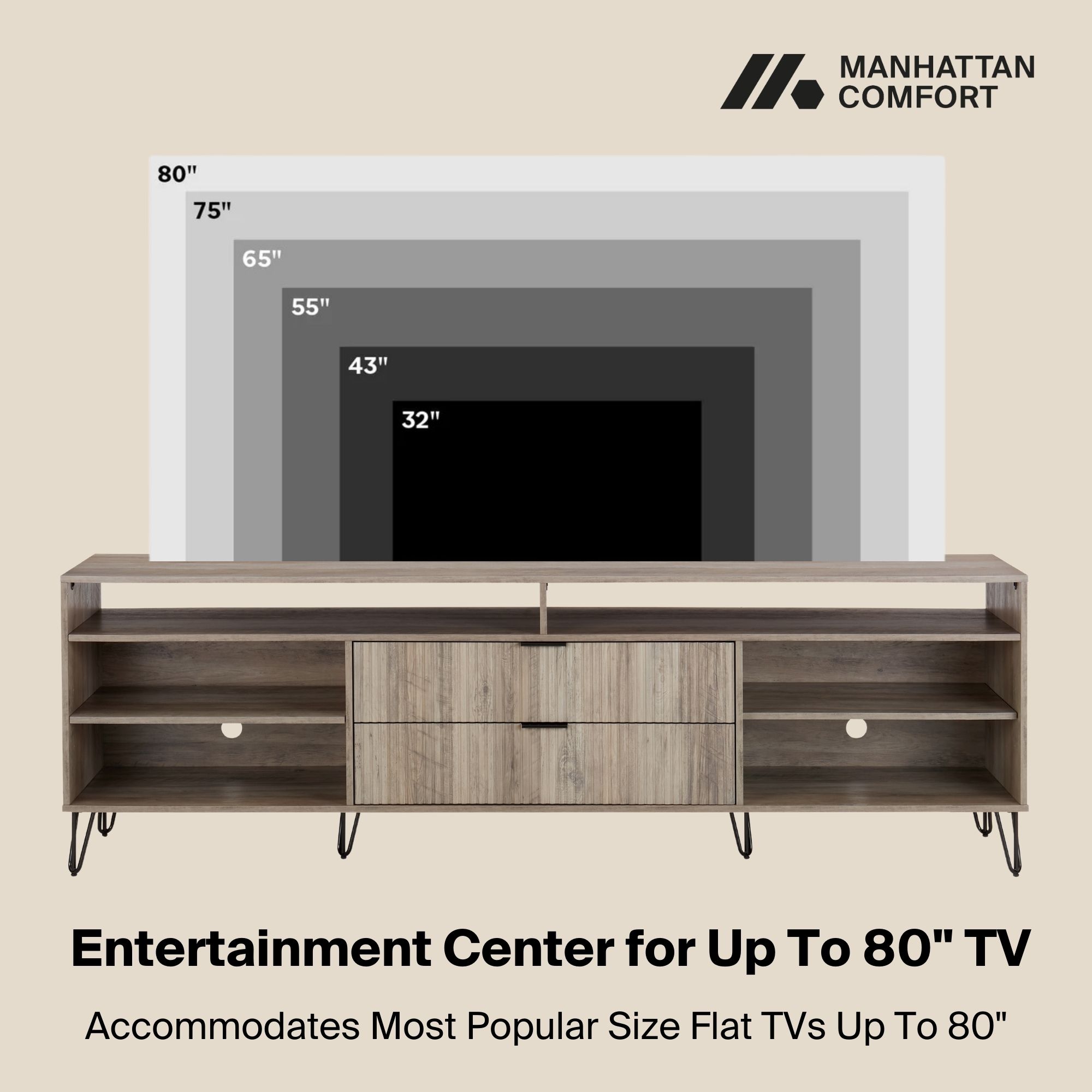 DUMBO 85-inch TV Stand w/6 Shelves & 2 Drawers 