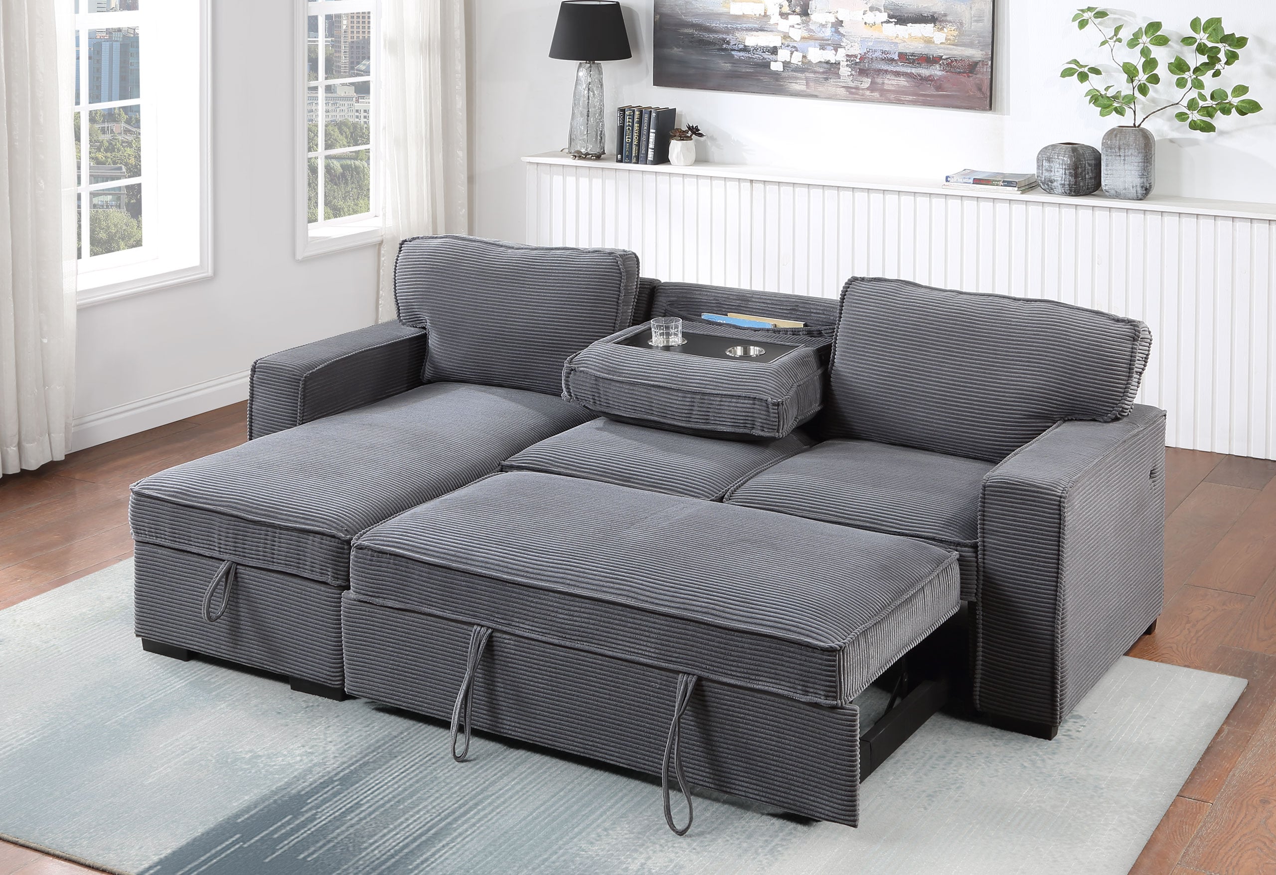 U0203 Reversible Pull-Out Fabric Sectional Sofa Bed