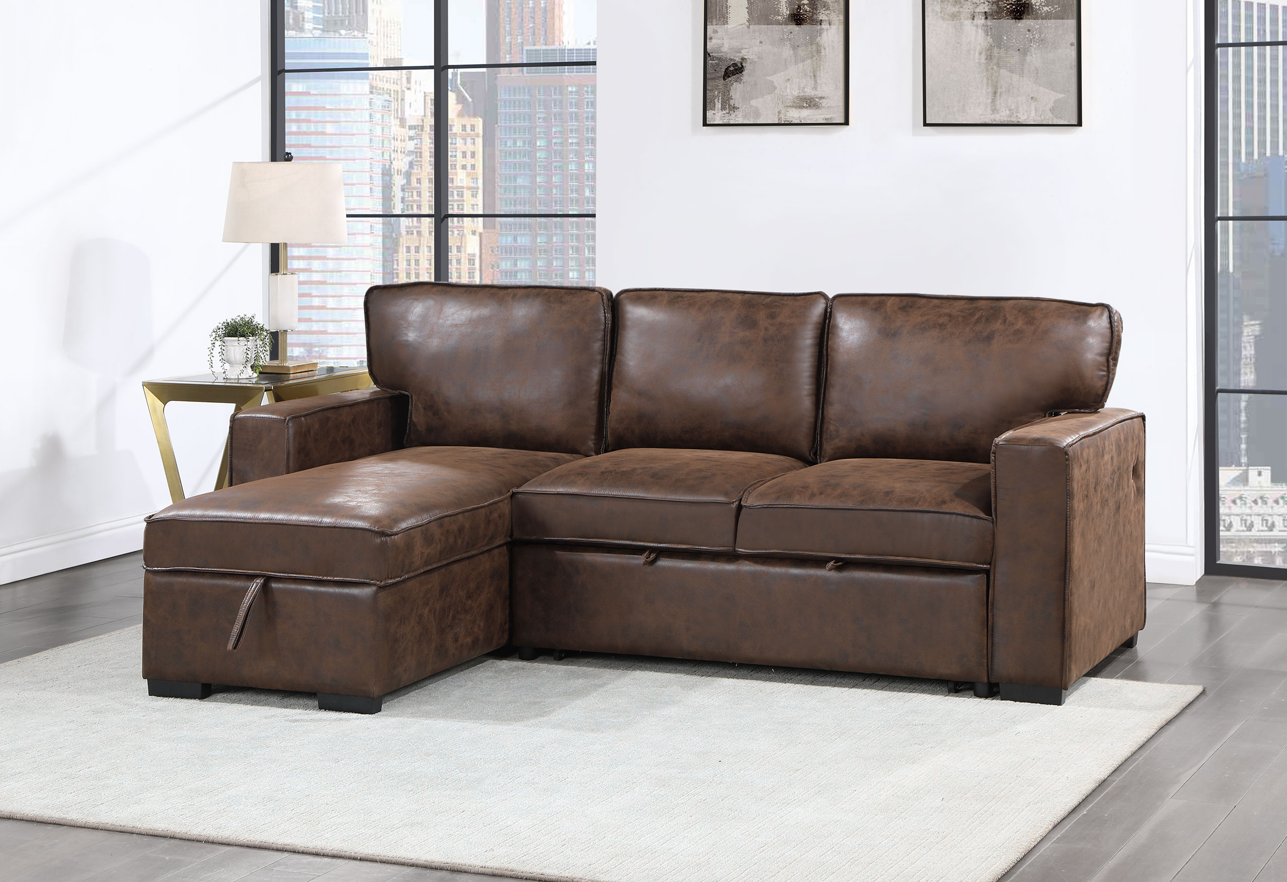 U0203 Reversible Pull-Out Fabric Sectional Sofa Bed
