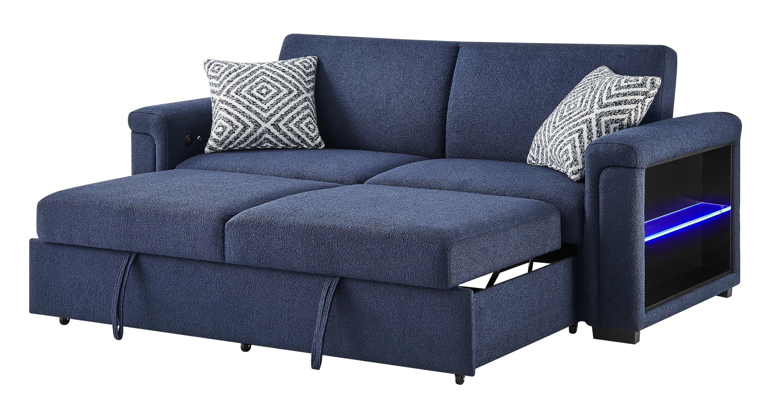 U0211 Pull-Out Fabric Sofa Bed with LED Acrylic Shelves & Speakers