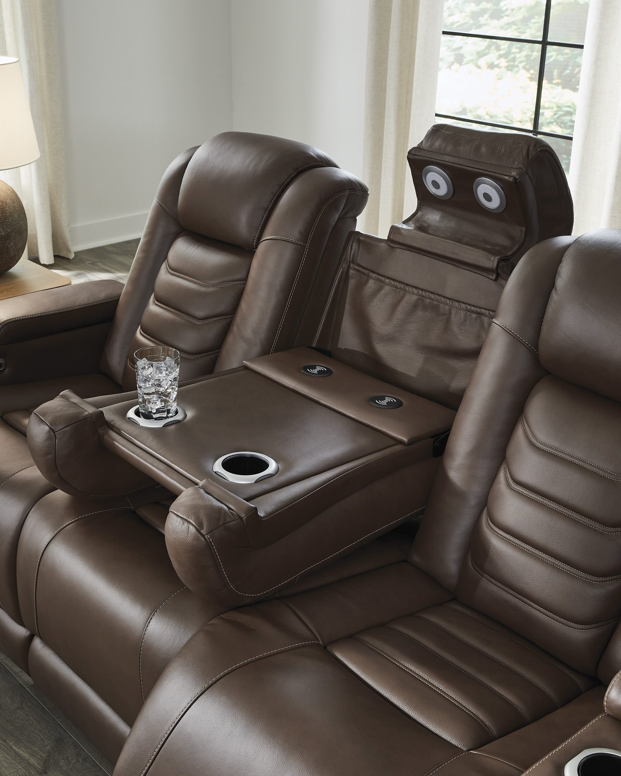 High Impact Leather/PVC Power Reclining Sofa w/Adjustable Headrest & Lighting