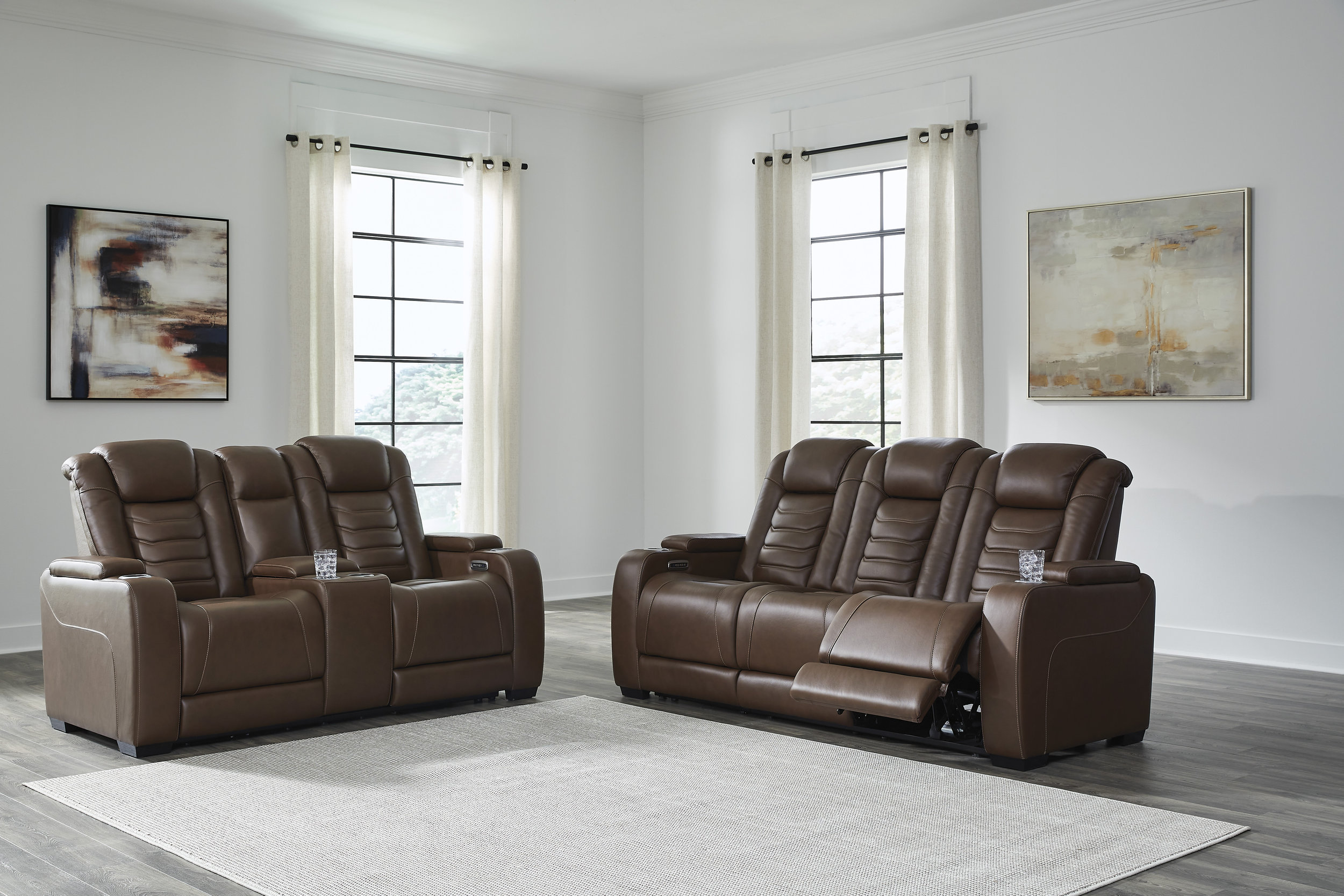 High Impact Leather/PVC Power Reclining Sofa w/Adjustable Headrest & Lighting