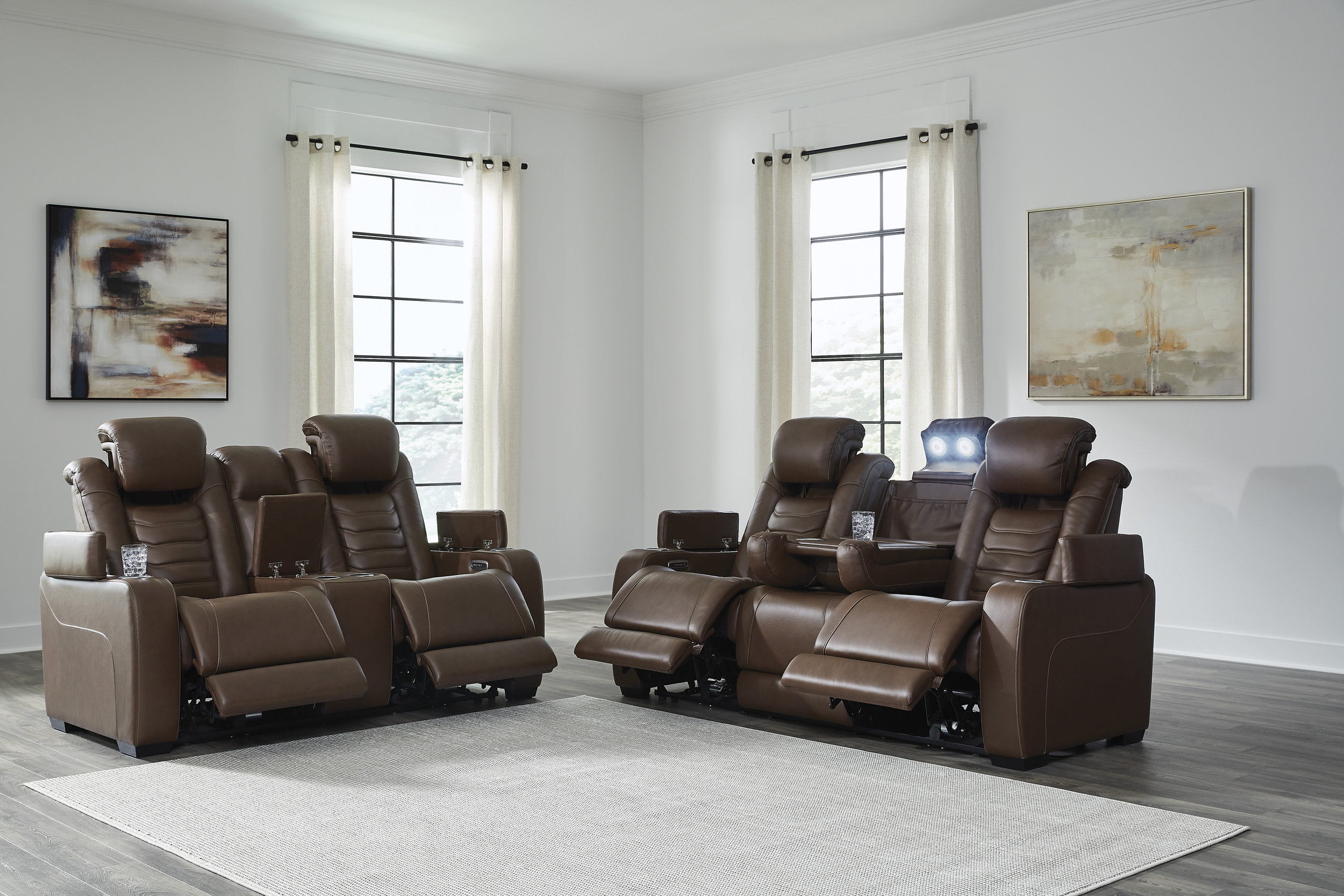 High Impact Leather/PVC Power Reclining Sofa w/Adjustable Headrest & Lighting