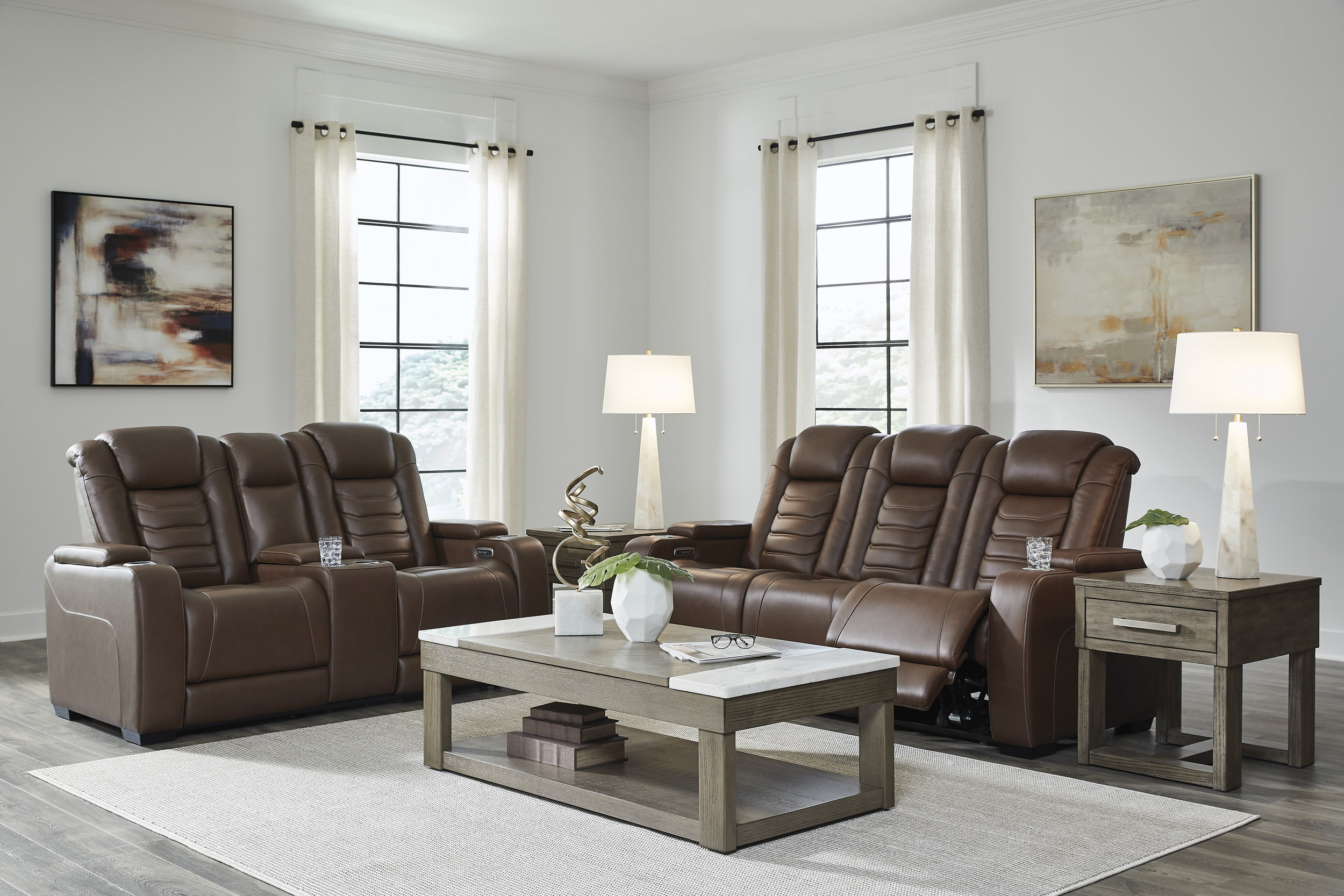 High Impact Leather/PVC Power Reclining Sofa w/Adjustable Headrest & Lighting