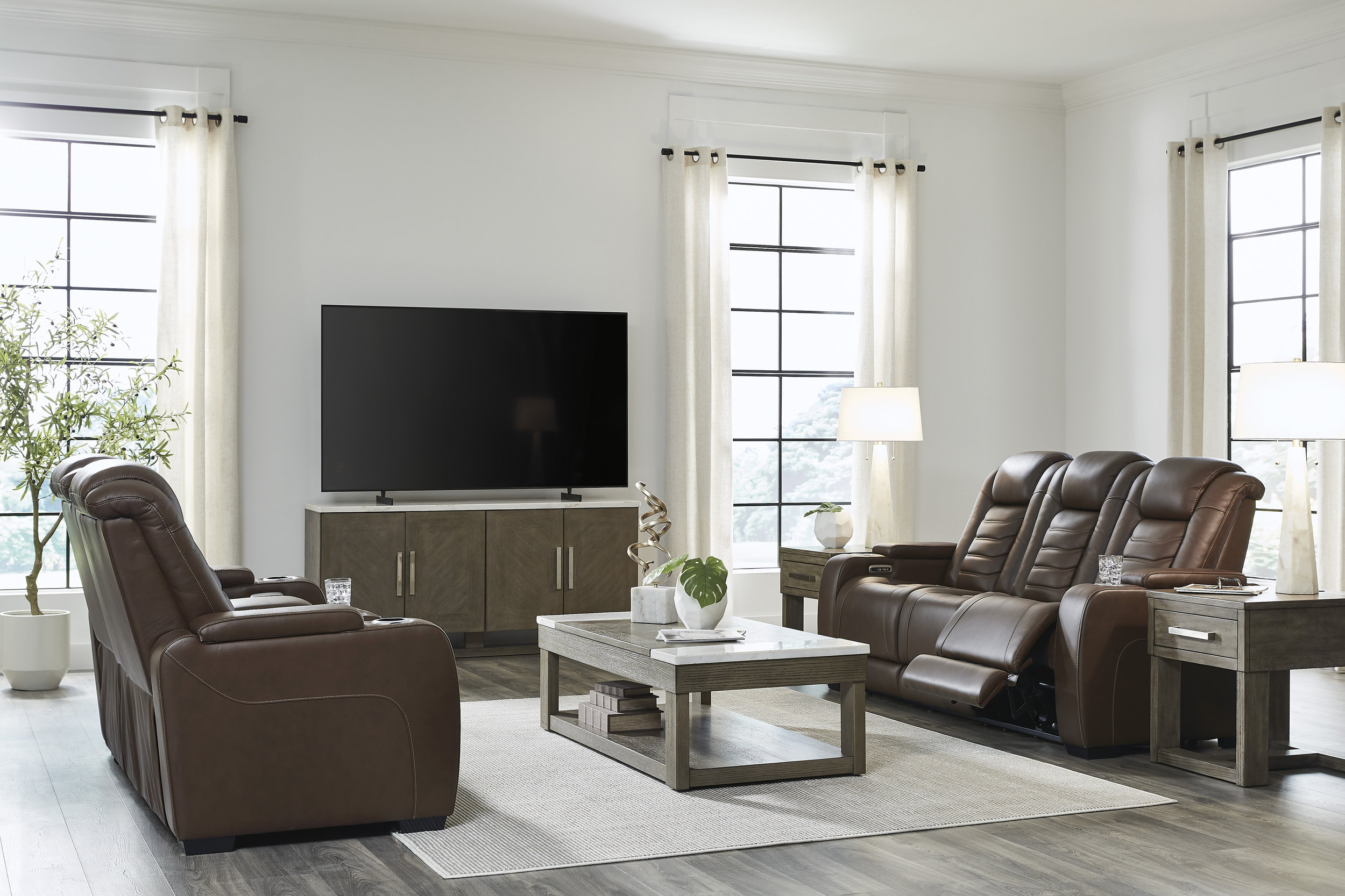 High Impact Leather/PVC Power Reclining Sofa w/Adjustable Headrest & Lighting