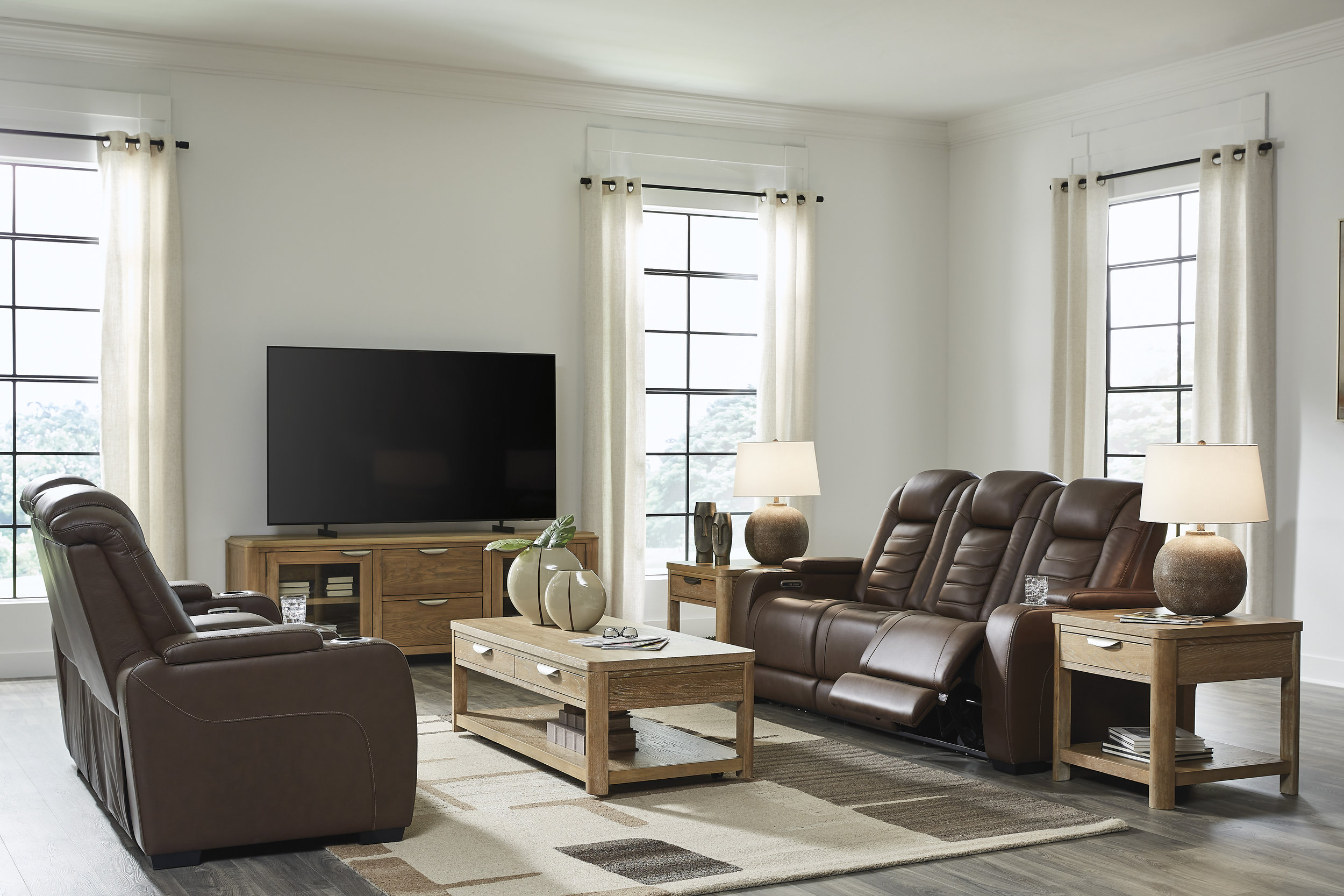 High Impact Leather/PVC Power Reclining Sofa w/Adjustable Headrest & Lighting