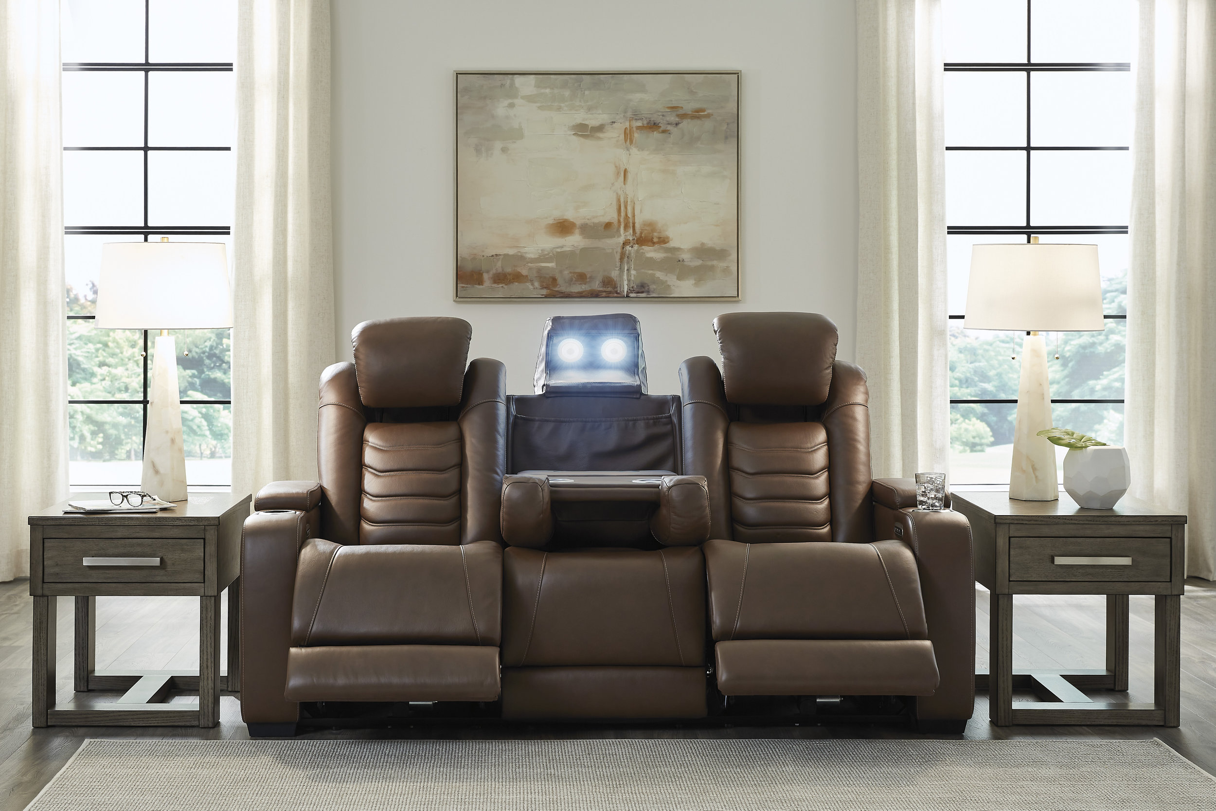 High Impact Leather/PVC Power Reclining Sofa w/Adjustable Headrest & Lighting