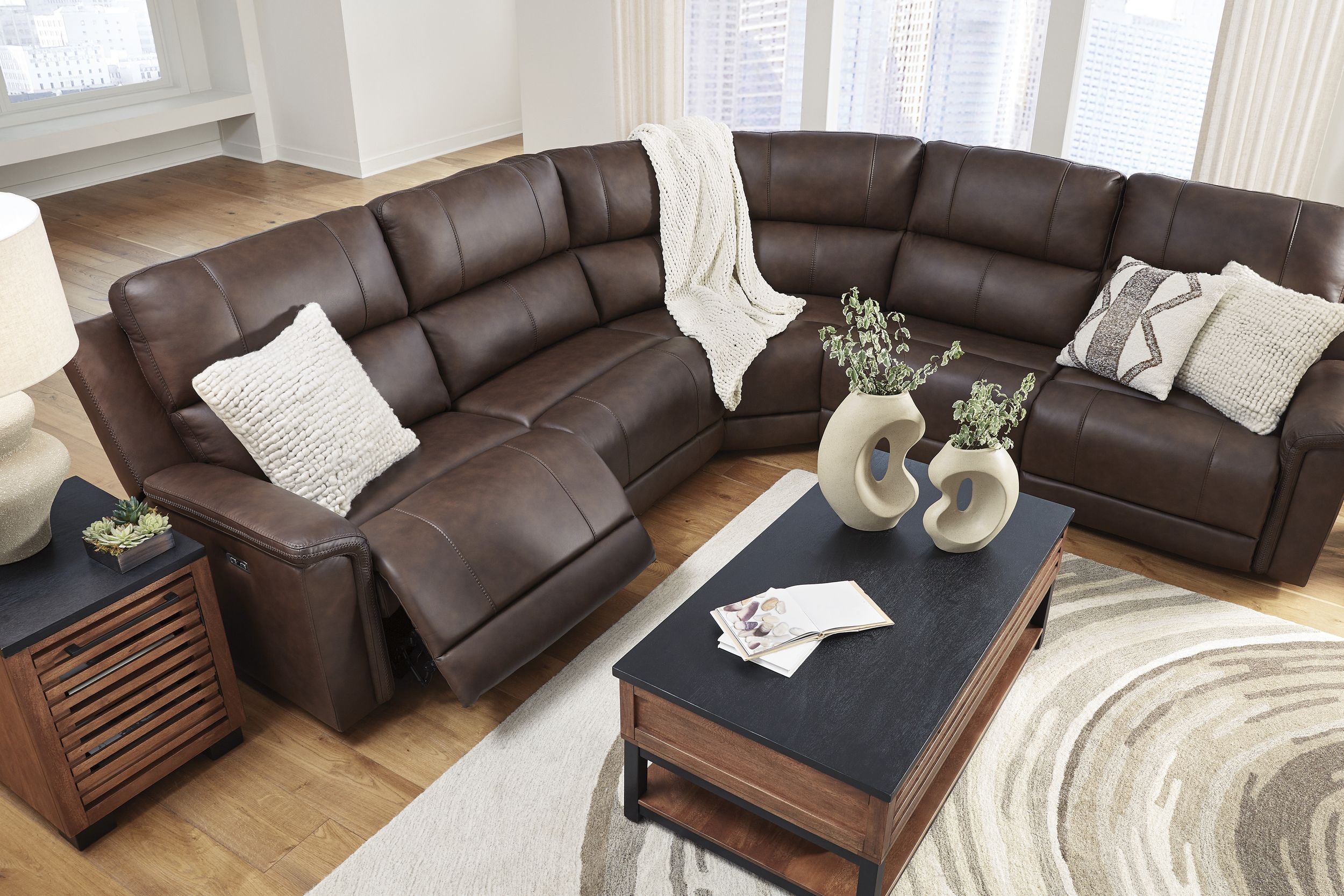 Bleckley 5-Piece Leather/PVC Power Reclining L-Shaped Sectional Sofa