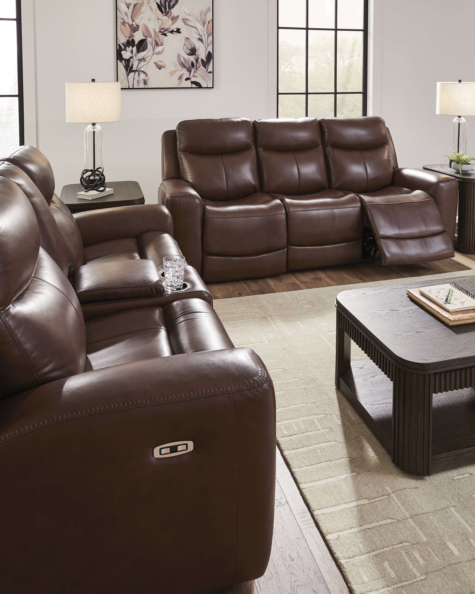 Next Move Leather Power Reclining Living Room Set with Adjustable Headrest