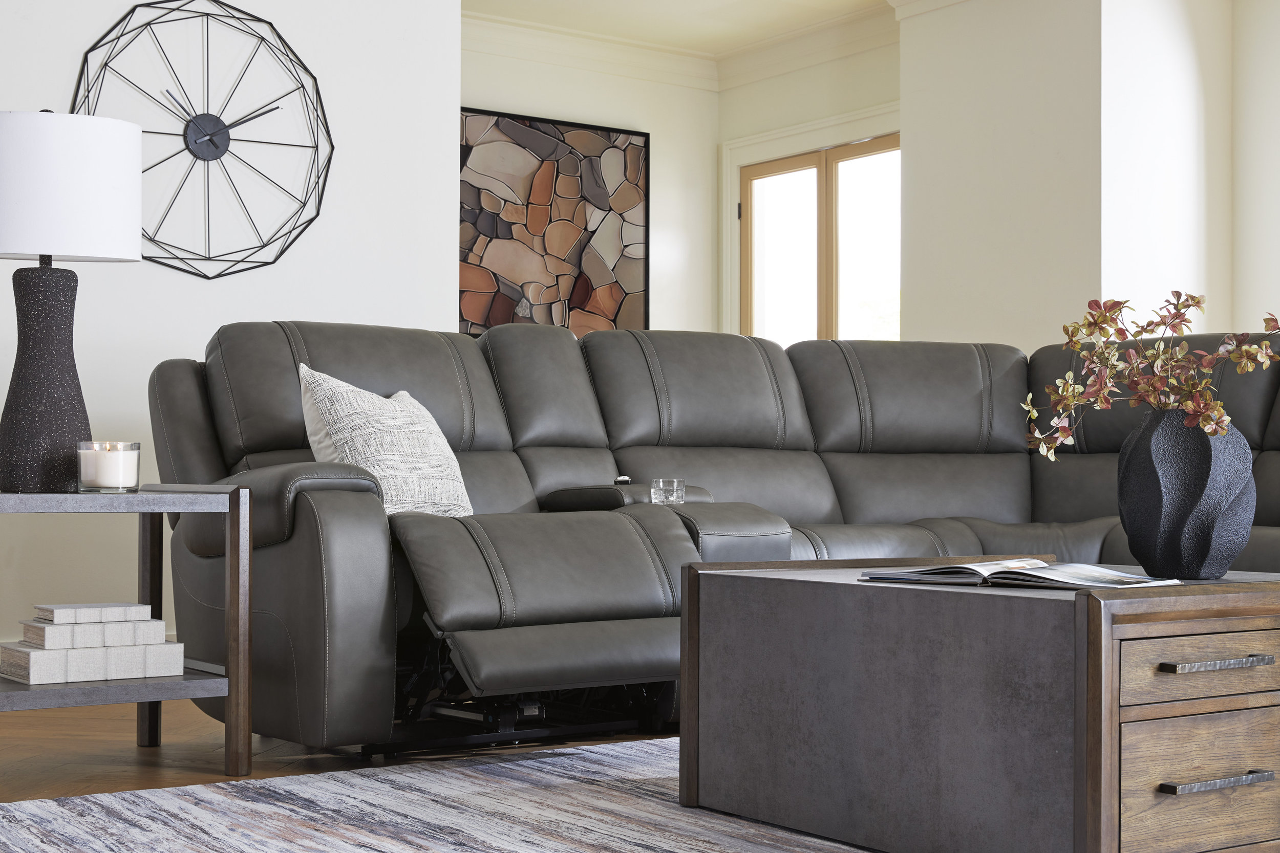 5Z-Pittson L-Shaped Leather 6-Piece Power Reclining Sectional