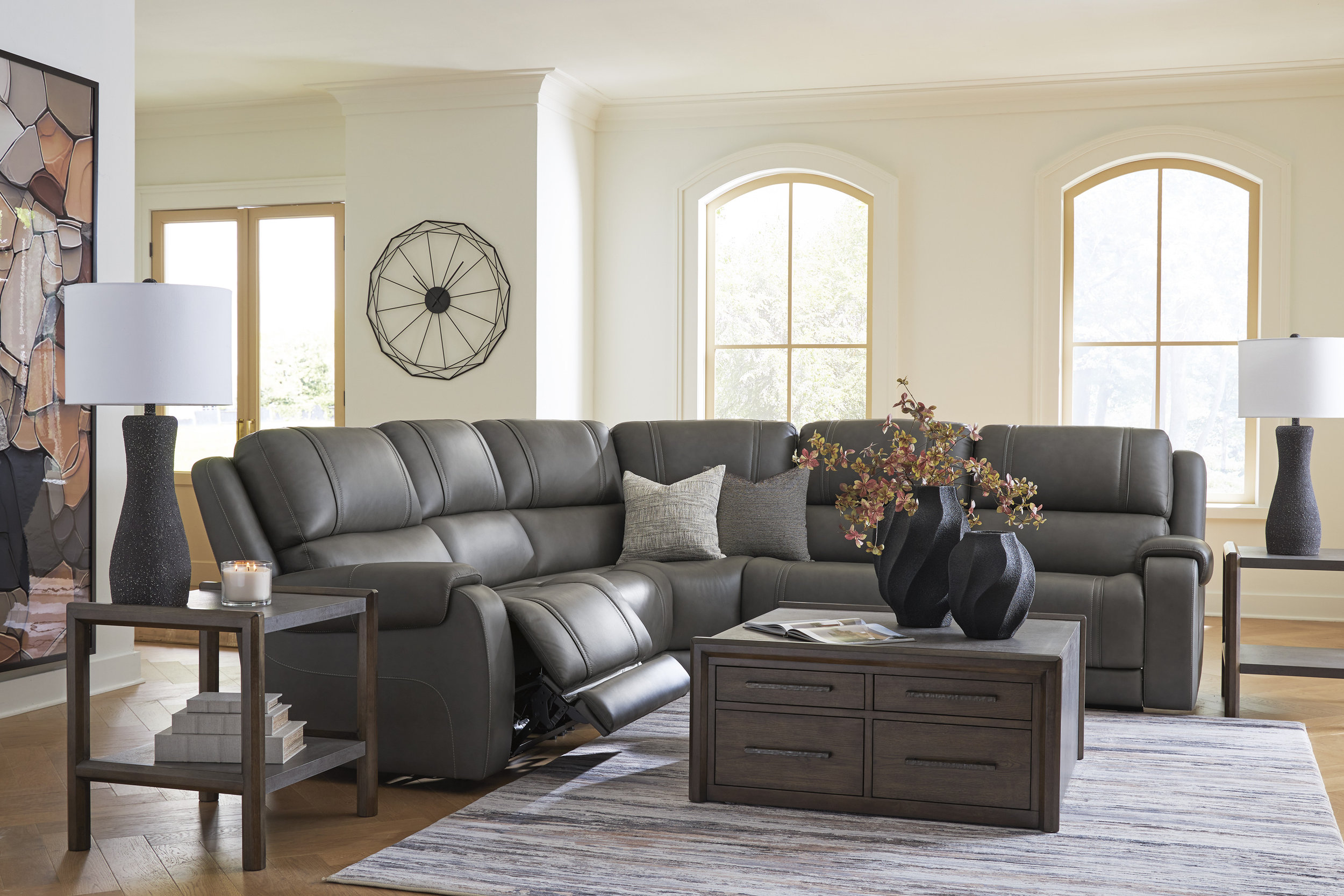 5Z-Pittson L-Shaped Leather 5-Piece Power Reclining Sectional