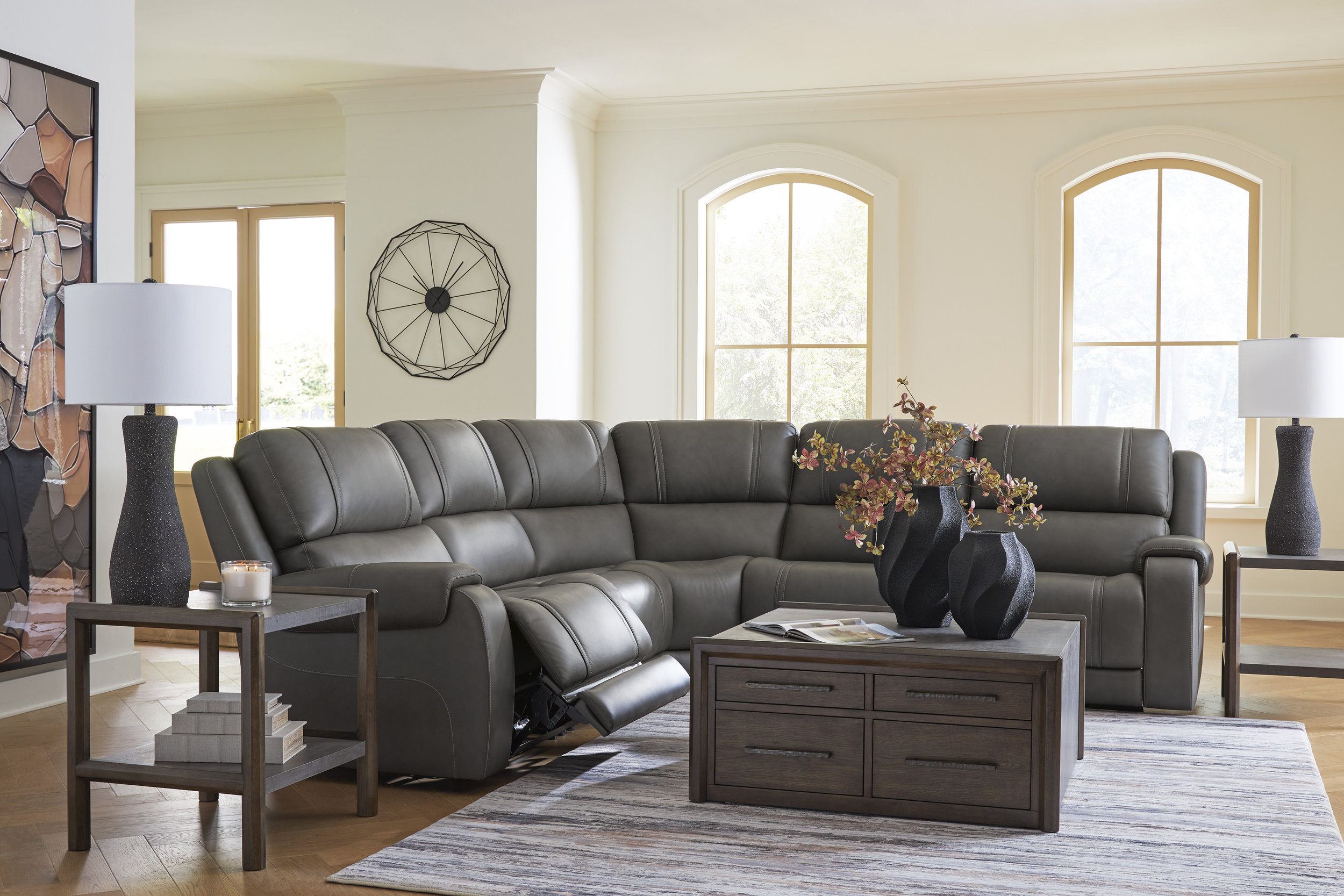 5Z-Pittson L-Shaped Leather 5-Piece Power Reclining Sectional
