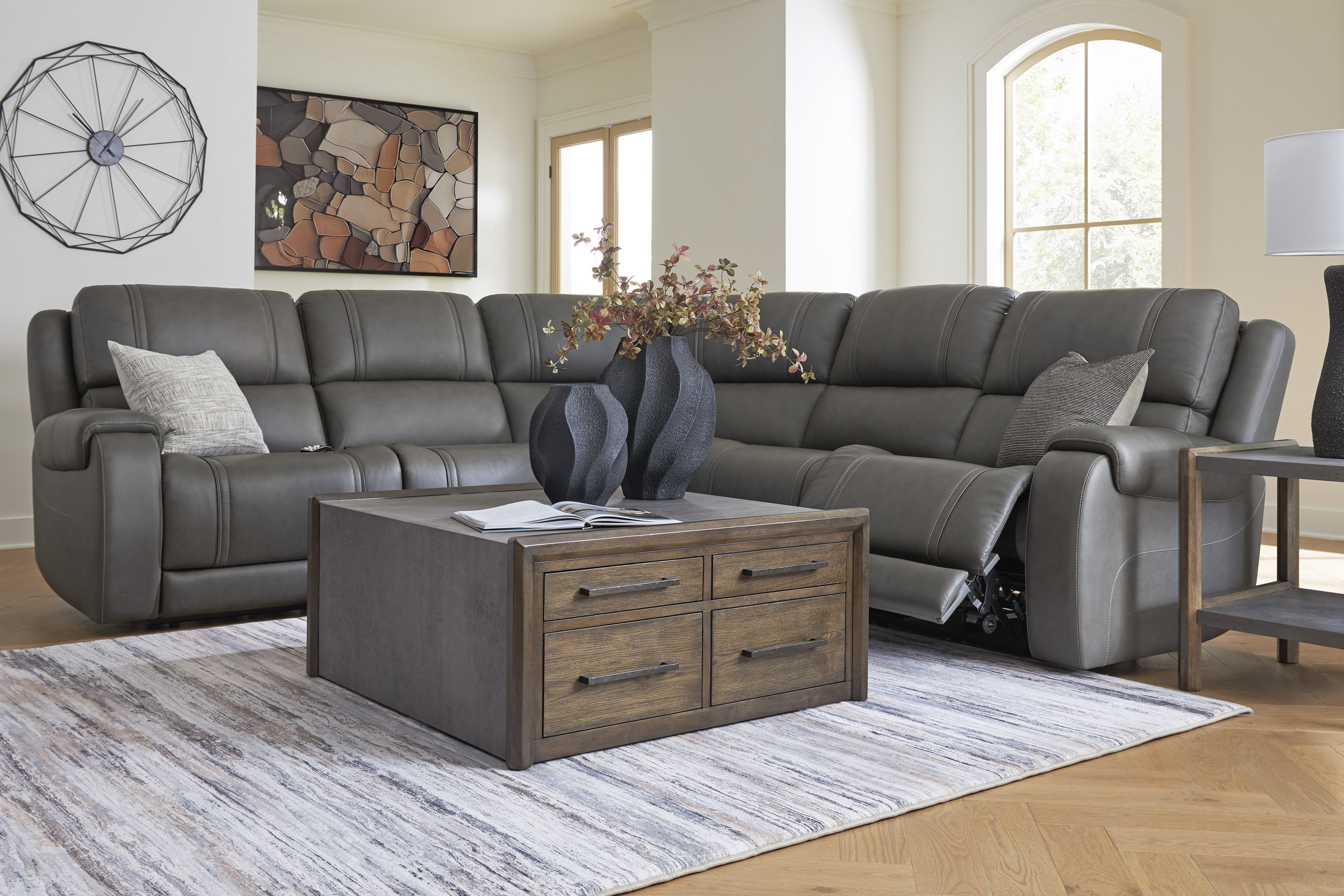 5Z-Pittson L-Shaped Leather 5-Piece Power Reclining Sectional