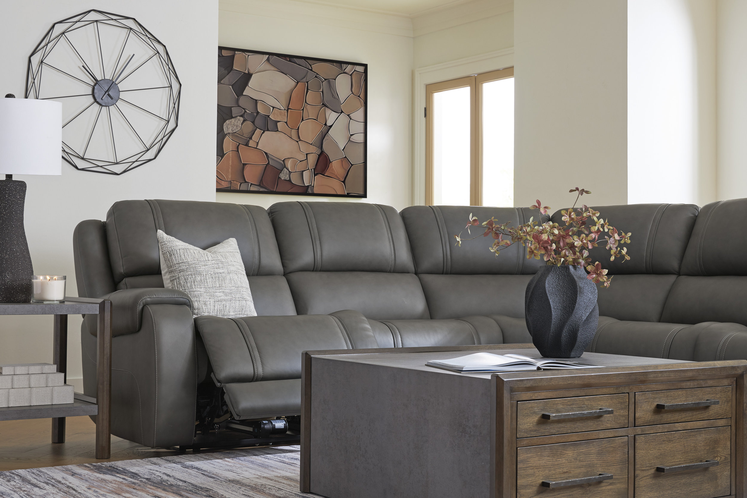 5Z-Pittson L-Shaped Leather 5-Piece Power Reclining Sectional
