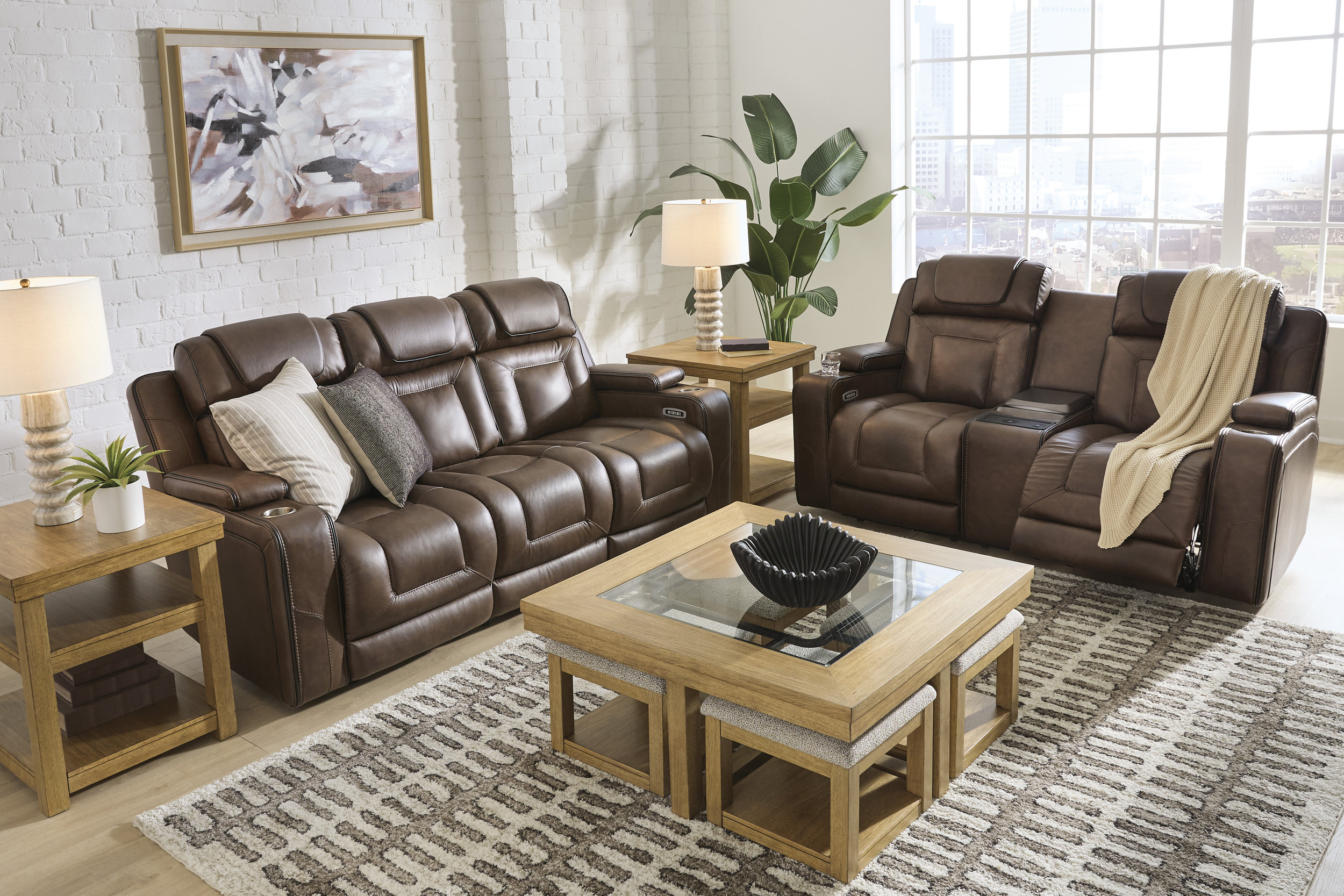 Mestrino Leather Power Reclining Living Room Set with Adjustable Headrest