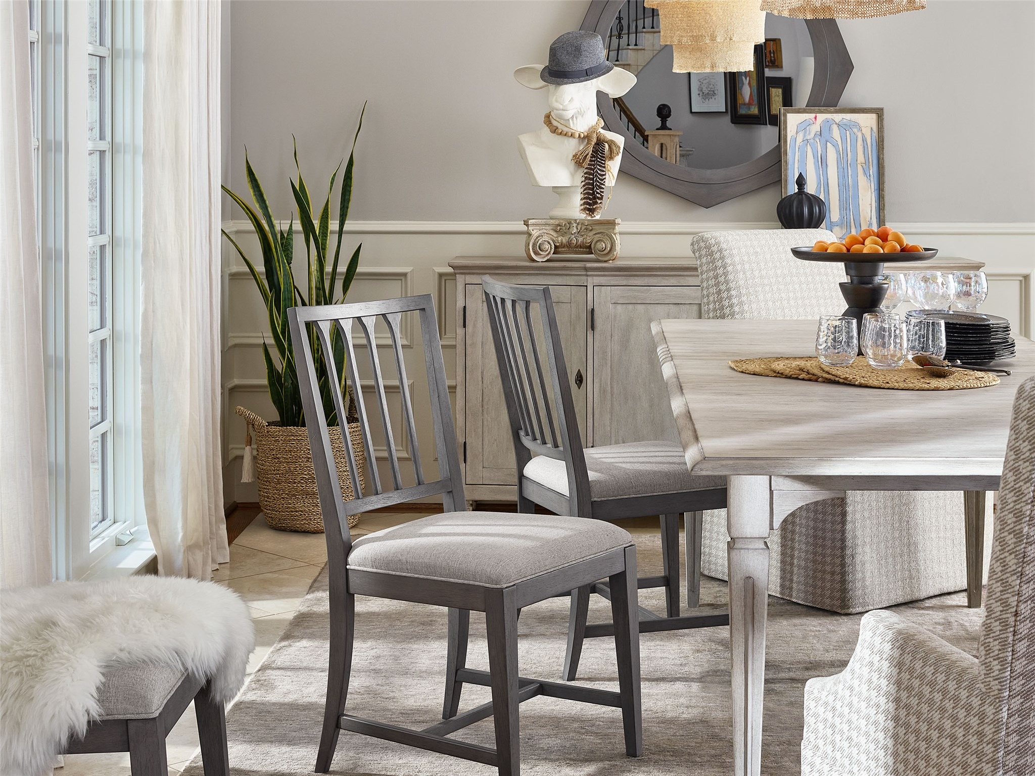Slat Back Fabric/Wood Side Chair